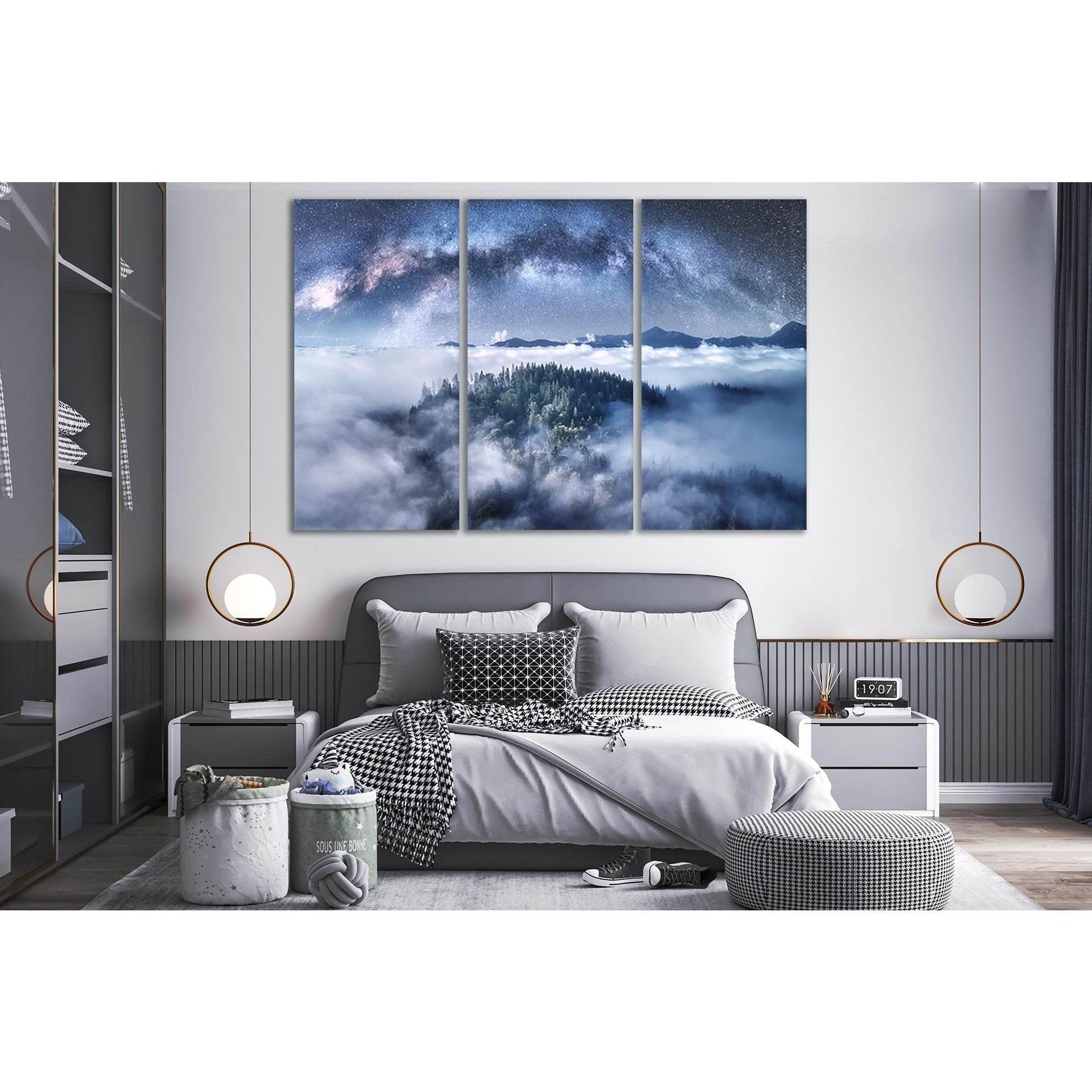 Milky Way Over The Mountains №Sl28 Ready to Hang Canvas PrintThis canvas print captures a breathtaking scene of a star-studded sky blanketing a mystical forest shrouded in mist. The cool color palette and serene landscape make this wall art a perfect matc