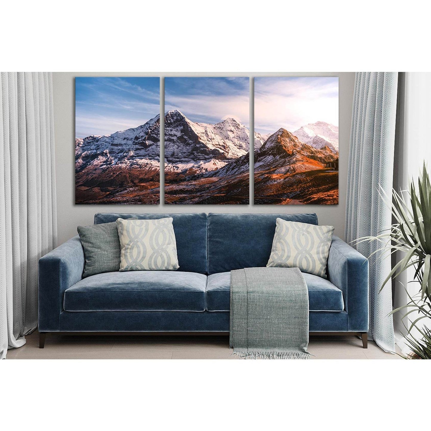 Rustic Mountain Canvas Art: A Panoramic Wall Decor StatementThis canvas print captures the rugged beauty of snow-capped mountains under a serene sky, ideal for adding a natural touch to corporate offices or living room wall decor. The warm tones and textu