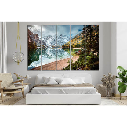 Alpine Lake Braies Canvas Art: A Nature's MirrorThis vibrant canvas print captures the serene beauty of Alpine Lake Braies, with its crystal-clear waters reflecting the snow-capped mountains. A stunning piece of wall decor, the print showcases autumnal hu