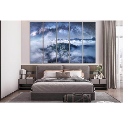 Milky Way Over The Mountains №Sl28 Ready to Hang Canvas PrintThis canvas print captures a breathtaking scene of a star-studded sky blanketing a mystical forest shrouded in mist. The cool color palette and serene landscape make this wall art a perfect matc