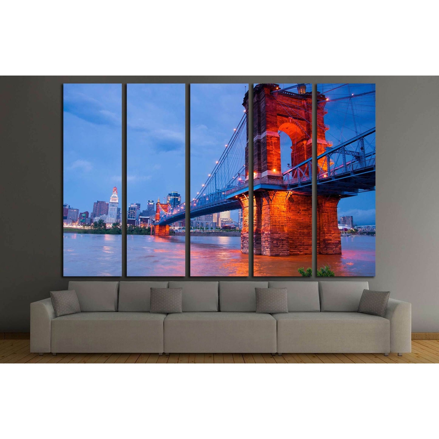 A beautiful aged bridge by the Cincinnati skyline №2240 Ready to Hang Canvas Print - Zellart Canvas Prints ALL_Products, s-2240