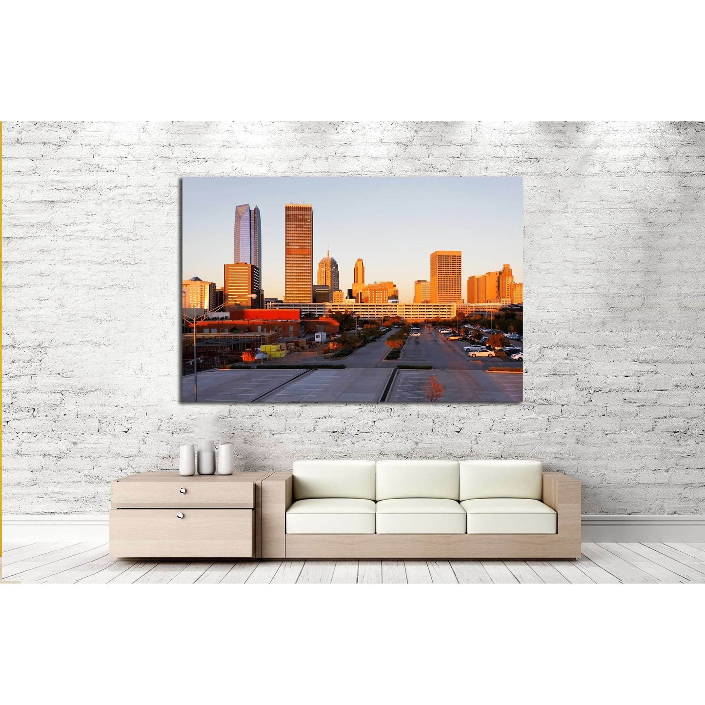 A view of the skyline of Oklahoma City at sunrise. №2636 Ready to Hang Canvas PrintCanvas art arrives ready to hang, with hanging accessories included and no additional framing required. Every canvas print is hand-crafted, made on-demand at our workshop a