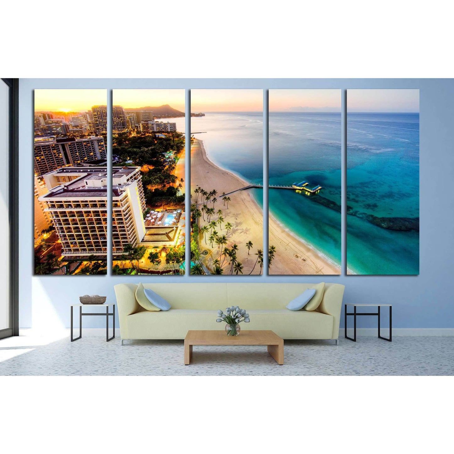 Aerial View of Sunrise at Waikiki Beach №1717 Ready to Hang Canvas Print - Zellart Canvas Prints ALL_Products, s-1717