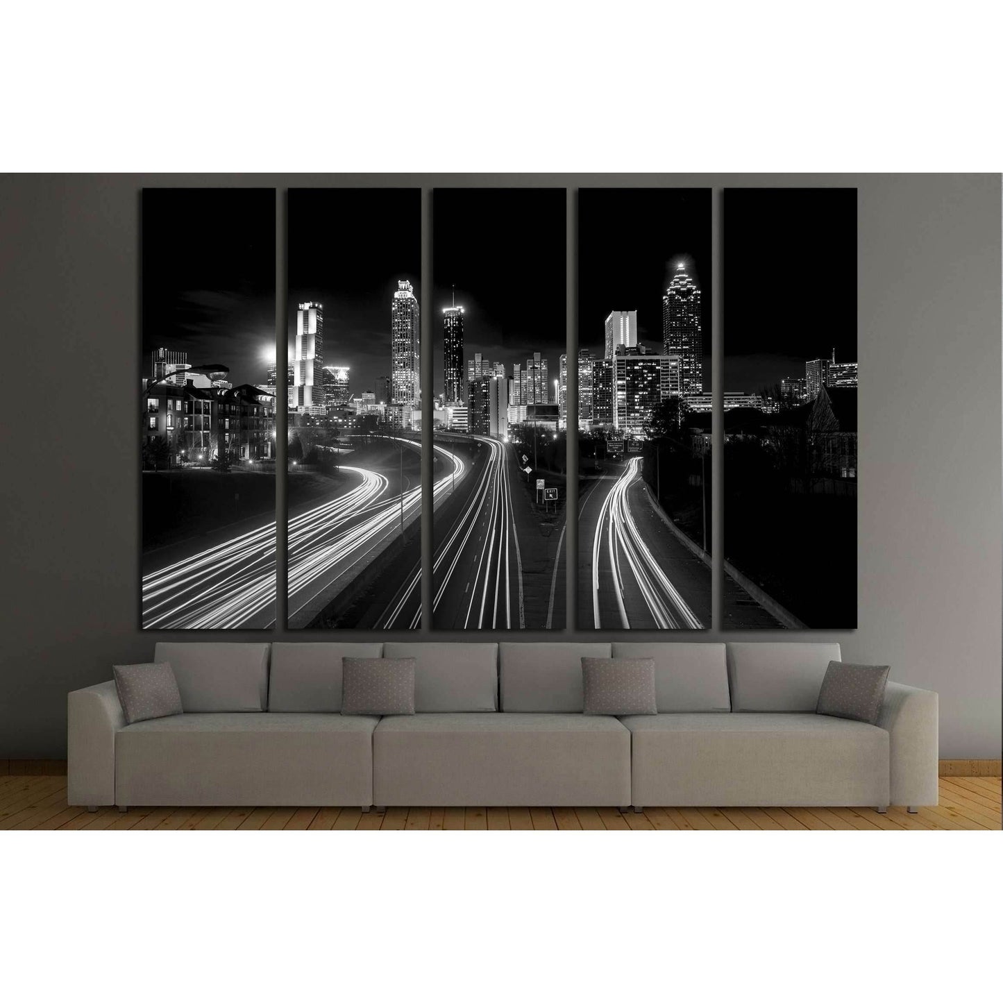Atlanta Skyline at night, high contrast black and white with light trails №2947 Ready to Hang Canvas Print - Zellart Canvas Prints ALL_Products, s-2947