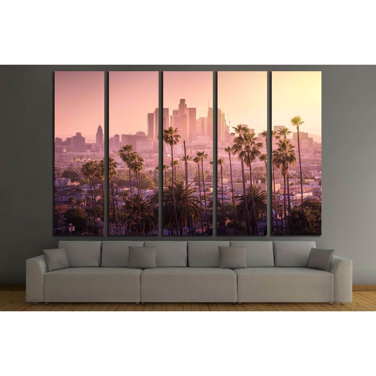 Beautiful sunset of Los Angeles downtown skyline and palm trees in foreground №2708 Ready to Hang Canvas Print - Zellart Canvas Prints ALL_Products, s-2708
