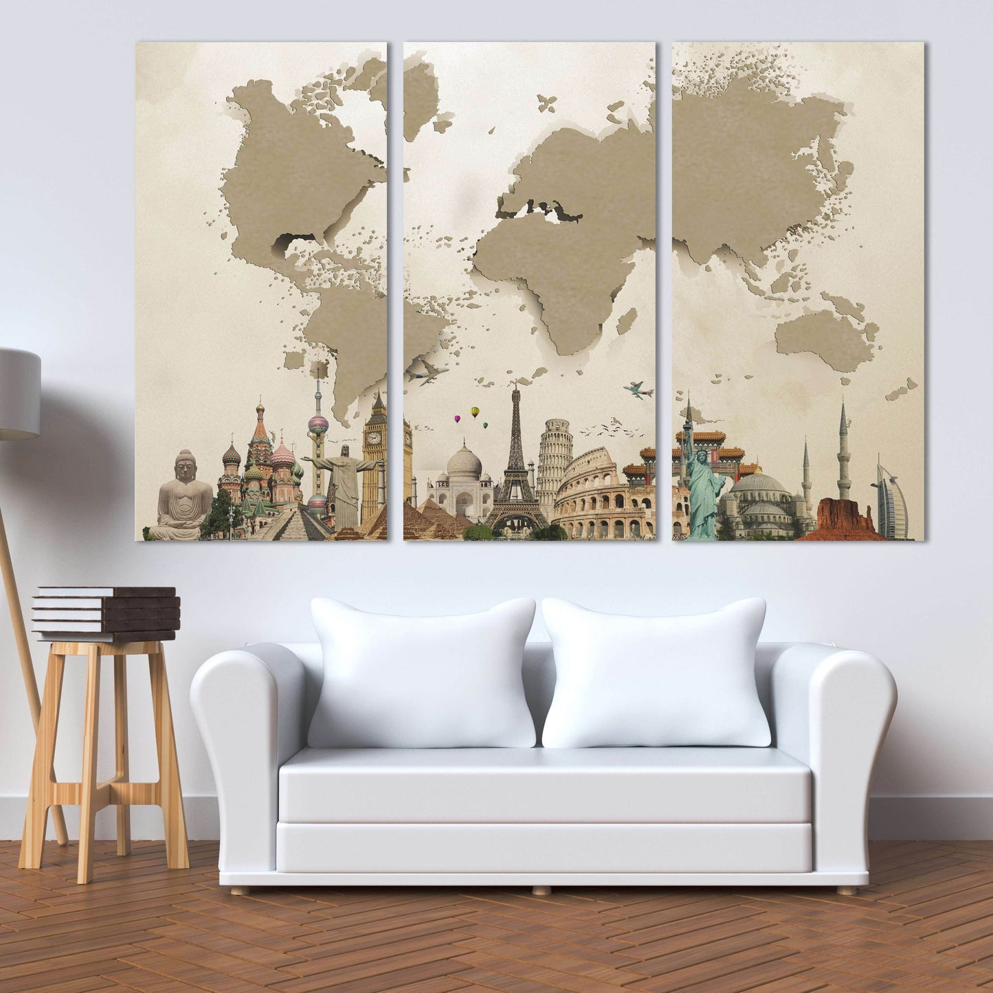 Beige 3D Effect World Map Ready to Hang Canvas Print №702 - Zellart Canvas Prints 703, ALL_Products