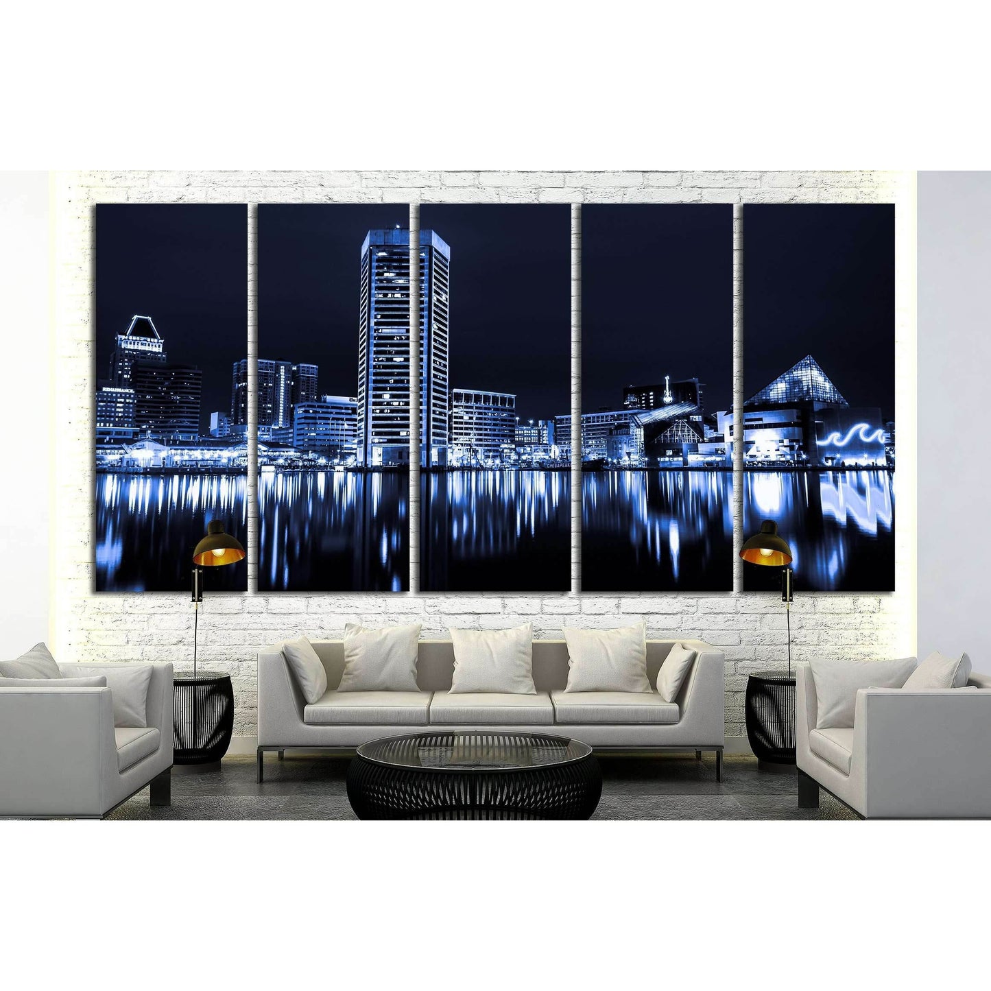 Black and white image of the Baltimore Inner Harbor Skyline at night №2151 Ready to Hang Canvas Print - Zellart Canvas Prints ALL_Products, s-2151