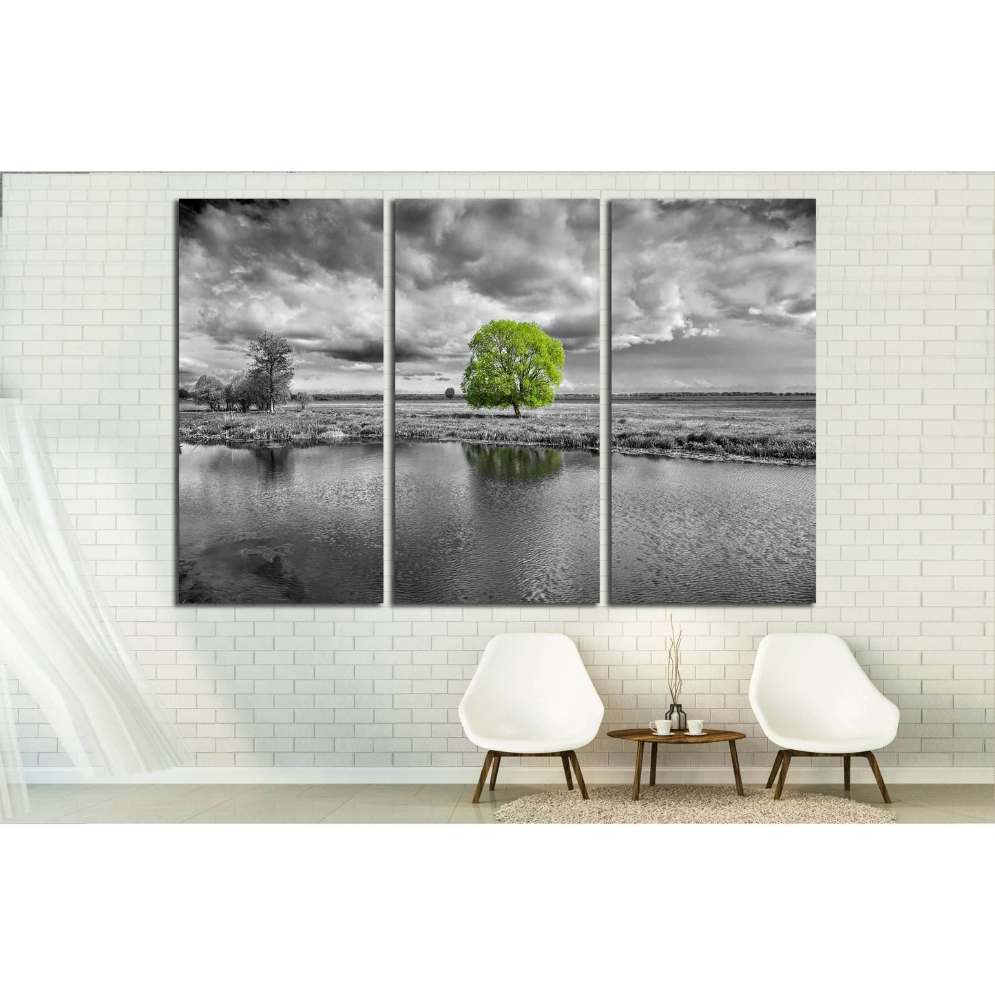 black and white landscape and green tree №2678 Ready to Hang Canvas Print - Zellart Canvas Prints ALL_Products, s-2678