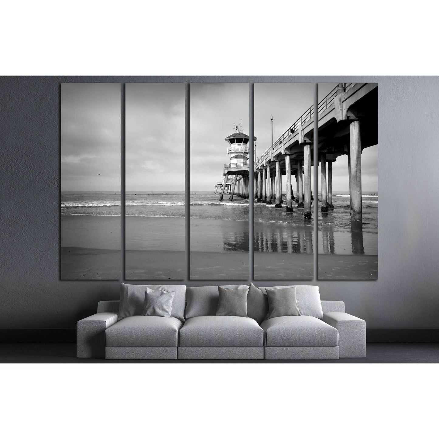 black and white photo of ocean pier with small waves №3209 Ready to Hang Canvas Print - Zellart Canvas Prints ALL_Products, s-3209