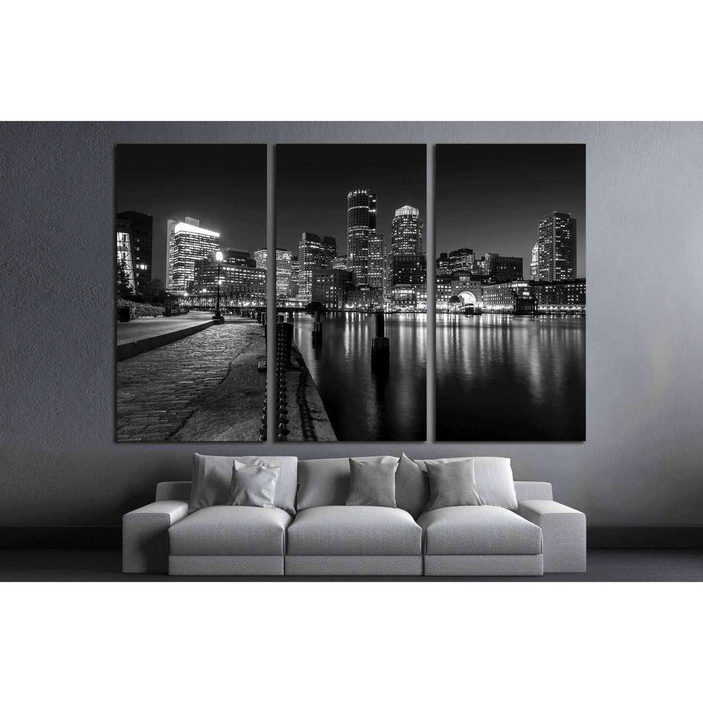 Boston Harbor at night in Black and White. Massachusetts, USA №2143 Ready to Hang Canvas Print - Zellart Canvas Prints ALL_Products, s-2143