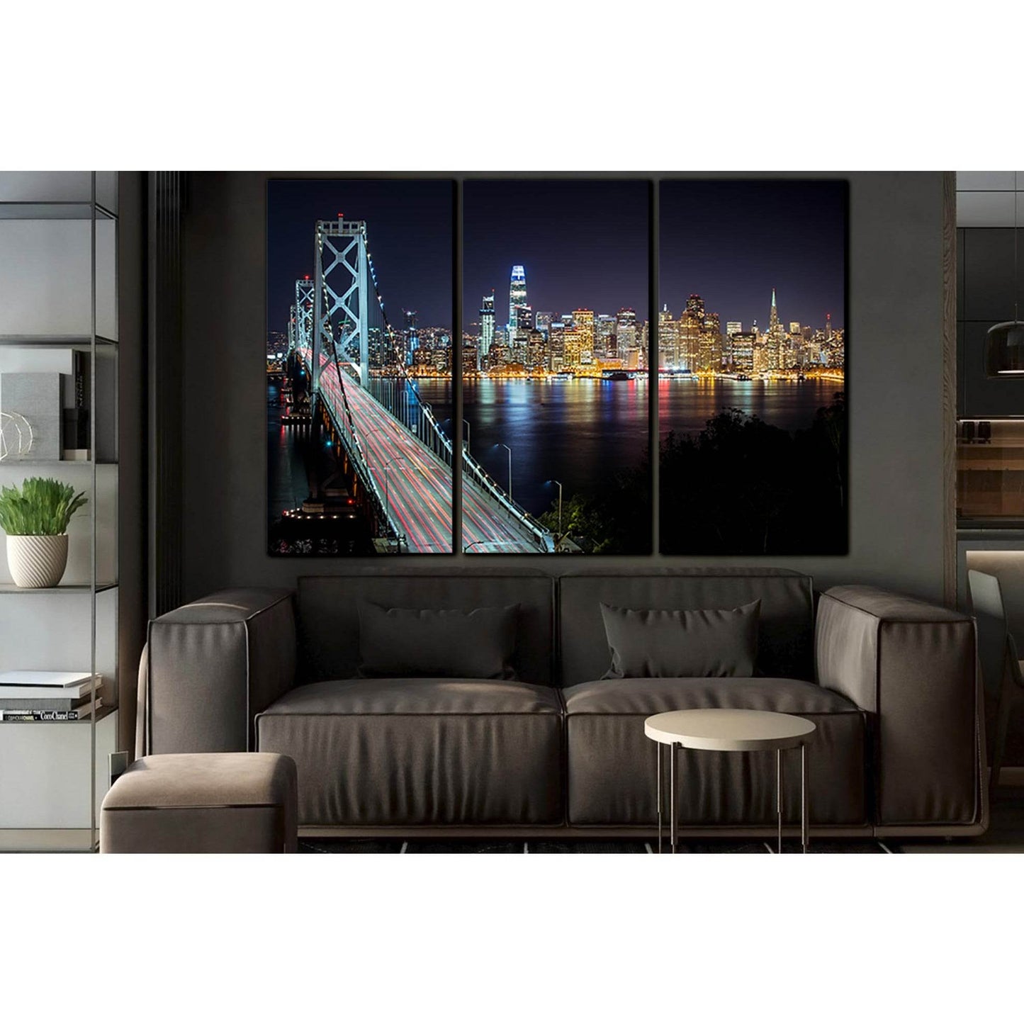 Bridge And Cityscape At Night №SL1457 Ready to Hang Canvas Print - Zellart Canvas Prints 0new, ALL_Products, CITYSCAPES & SKYLINES