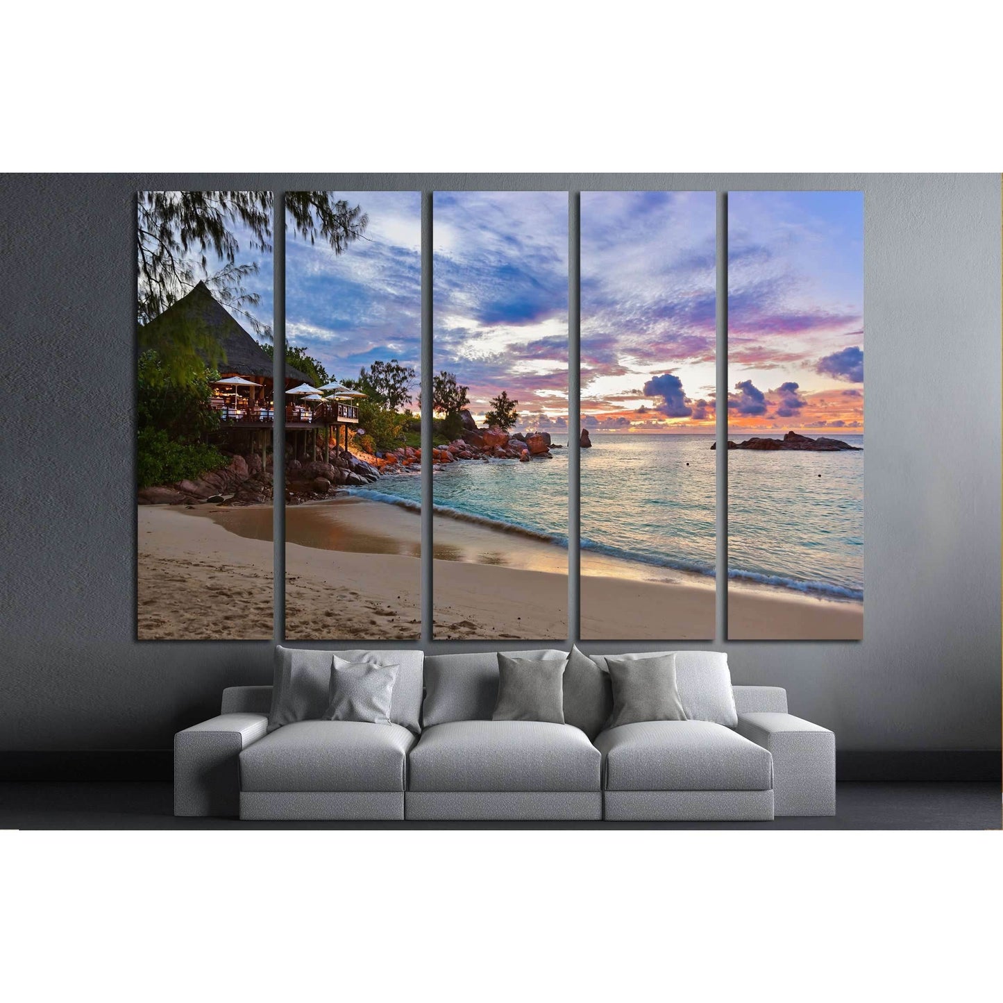 Cafe on Seychelles tropical beach at sunset - nature backgroun №3131 Ready to Hang Canvas Print - Zellart Canvas Prints ALL_Products, s-3131