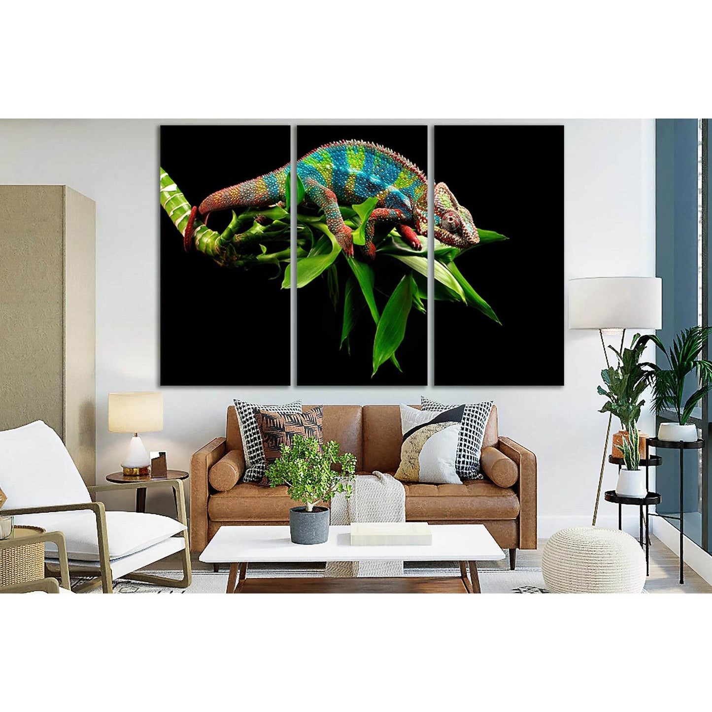 Chameleon On A Green Branch №SL1030 Ready to Hang Canvas Print - Zellart Canvas Prints 0new, ALL_Products, Animals & Wildlife