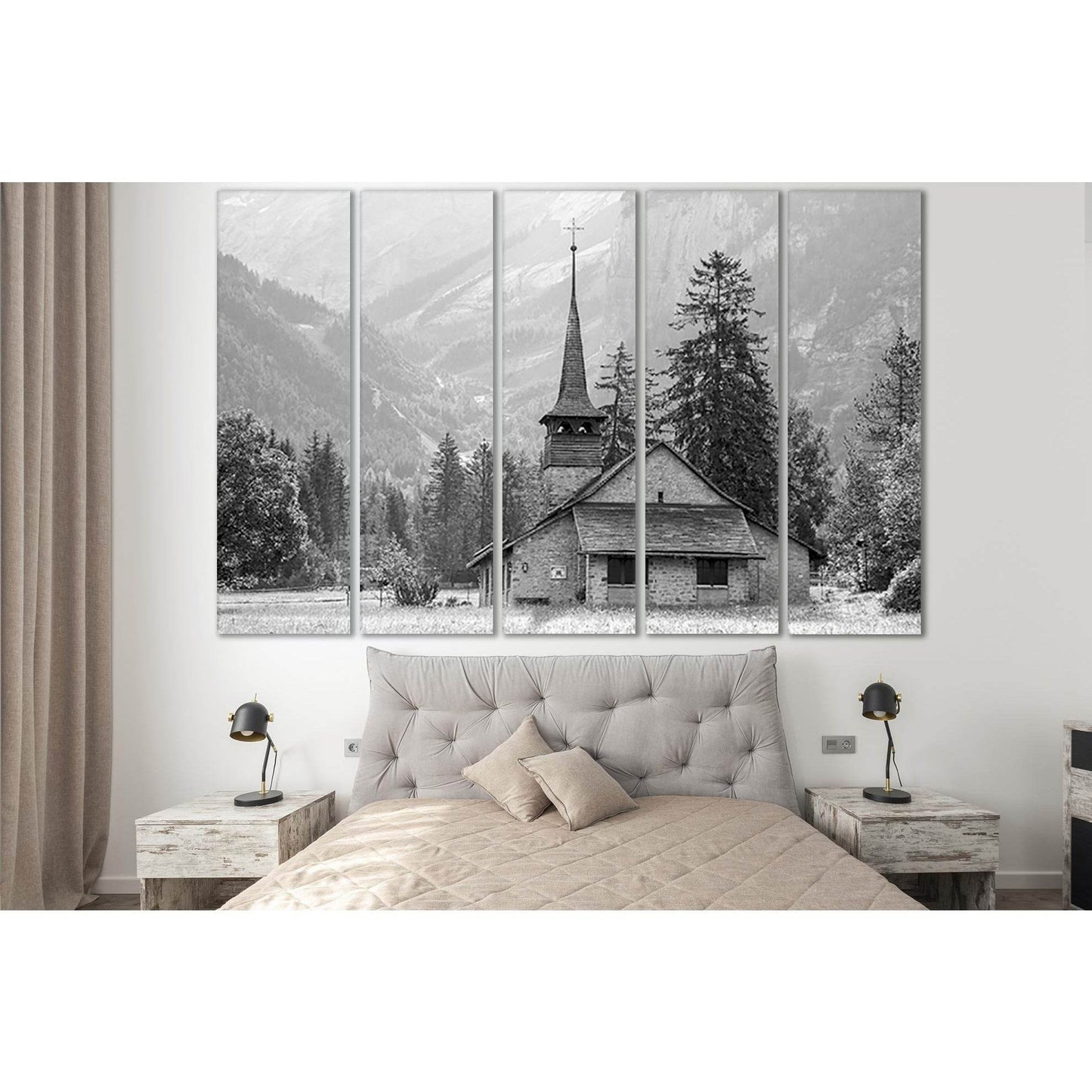 Church In The Mountains Black And White №SL832 Ready to Hang Canvas Print - Zellart Canvas Prints 0new, ALL_Products, Black & White Wall Art