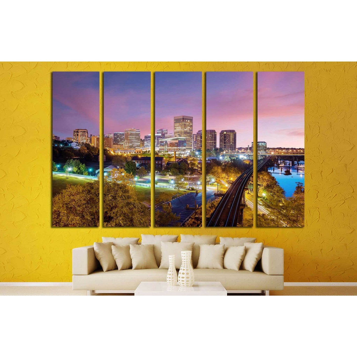 Downtown Richmond, Virginia skyline and the James River at twilight №2078 Ready to Hang Canvas Print - Zellart Canvas Prints ALL_Products, s-2078