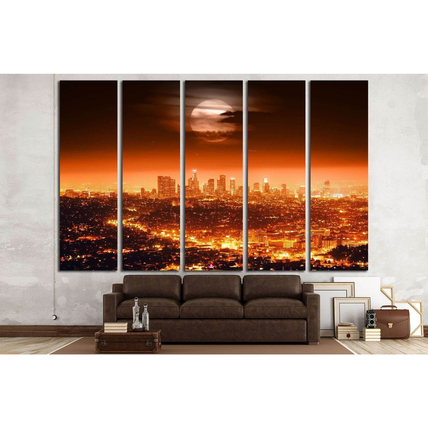 Dramatic full moon over Los Angeles skyline at night №1933 Ready to Hang Canvas Print - Zellart Canvas Prints ALL_Products, s-1933