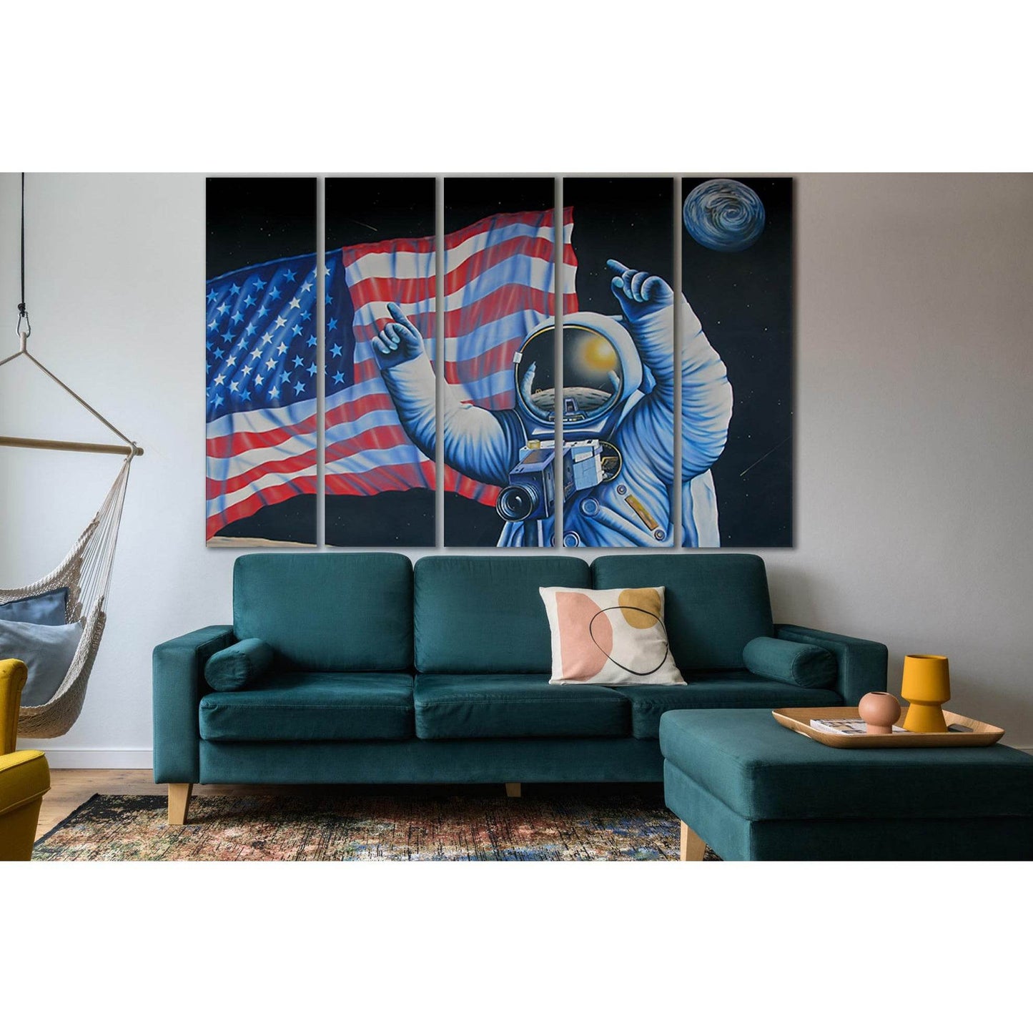 Drawn Astronauts And USA Flag №SL1168 Ready to Hang Canvas Print - Zellart Canvas Prints 0new, ALL_Products, Flags