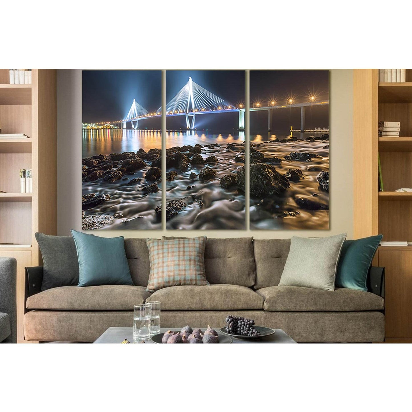 England Coast Bridge At Night №SL1137 Ready to Hang Canvas Print - Zellart Canvas Prints 0new, ALL_Products, Bridges Wall Art