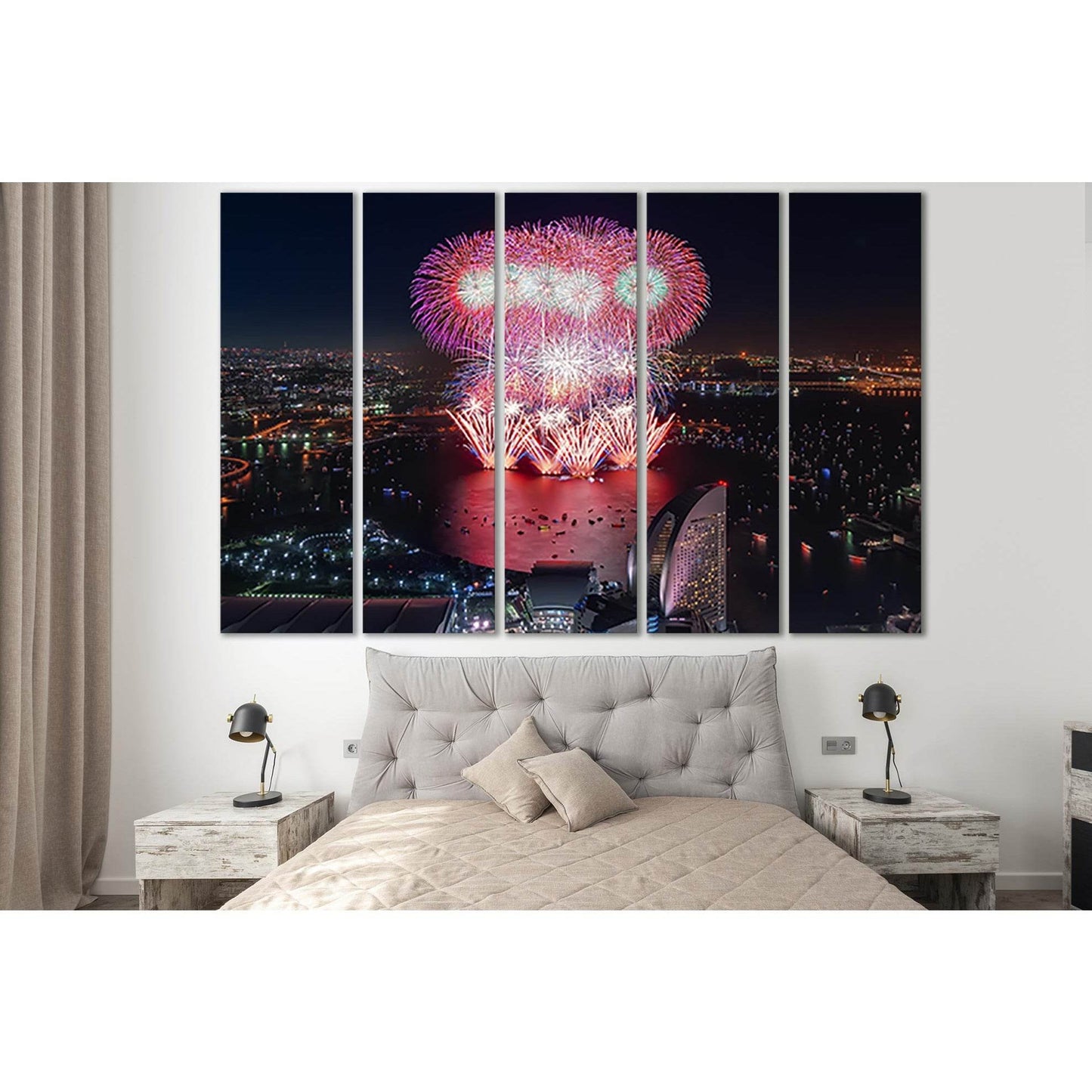 Fireworks In Yokohama Japan №SL1463 Ready to Hang Canvas Print - Zellart Canvas Prints 0new, ALL_Products, CITYSCAPES & SKYLINES