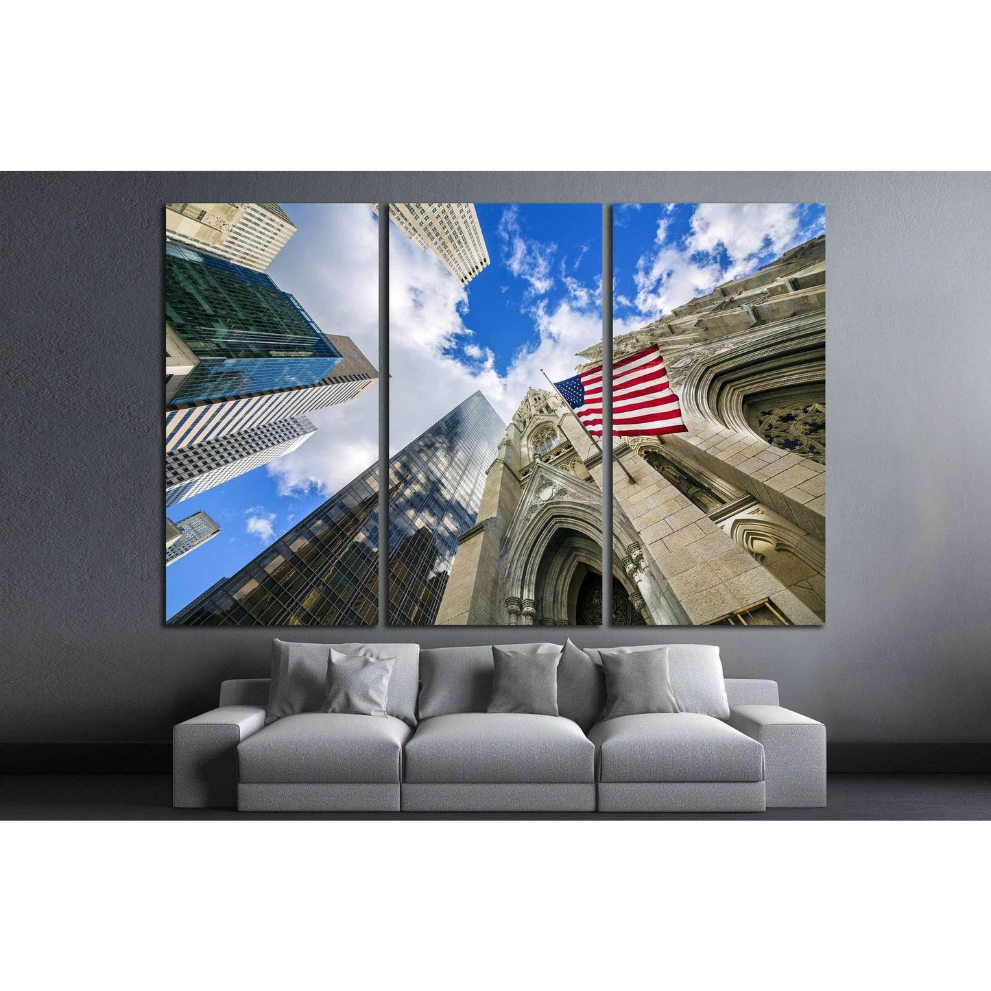 Flag USA on St Patrick's Cathedral, Midtown Skyscrapers, Manhattan, New York №1296 Ready to Hang Canvas Print - Zellart Canvas Prints 0_NY_ART, ALL_Products, s-1296