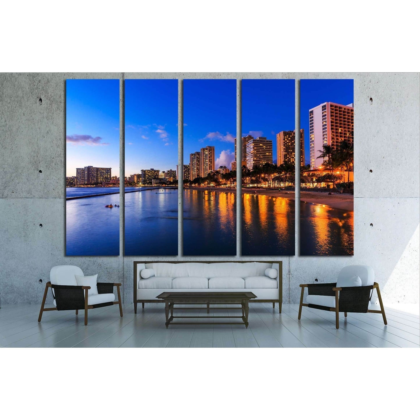 Honolulu skyline and Waikiki beach at twilight, Hawaii. USA №2301 Ready to Hang Canvas Print - Zellart Canvas Prints ALL_Products, s-2301