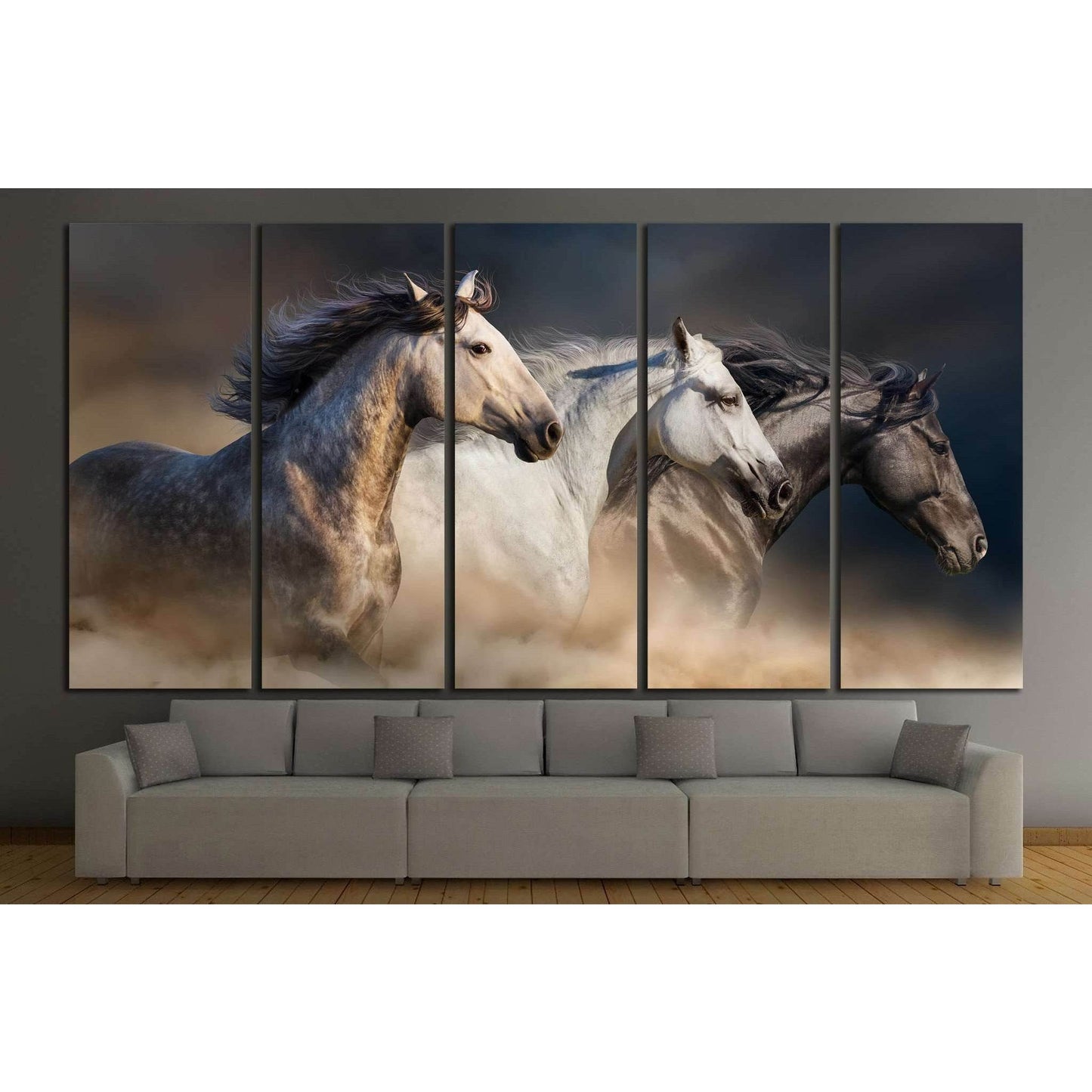Horses with long mane portrait run gallop in desert dust №1326 Ready to Hang Canvas Print - Zellart Canvas Prints ALL_Products, Horses, s-1326