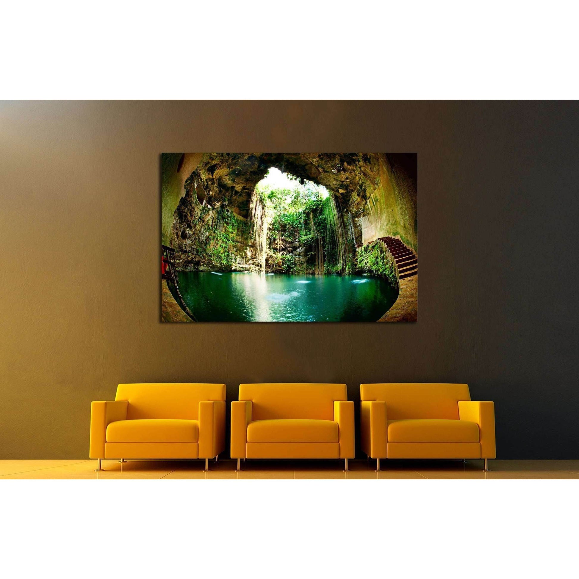Ik-Kil Cenote, Chichen Itza, Mexico №2511 Ready to Hang Canvas PrintThis canvas print captures a serene natural cave pool, with sunlight filtering through lush greenery and a waterfall cascading into the tranquil water. The vivid green tones contrast with