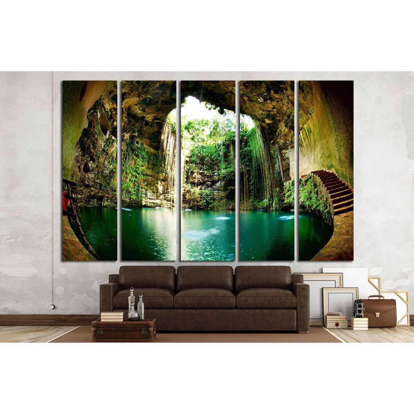 Ik-Kil Cenote, Chichen Itza, Mexico №2511 Ready to Hang Canvas PrintThis canvas print captures a serene natural cave pool, with sunlight filtering through lush greenery and a waterfall cascading into the tranquil water. The vivid green tones contrast with