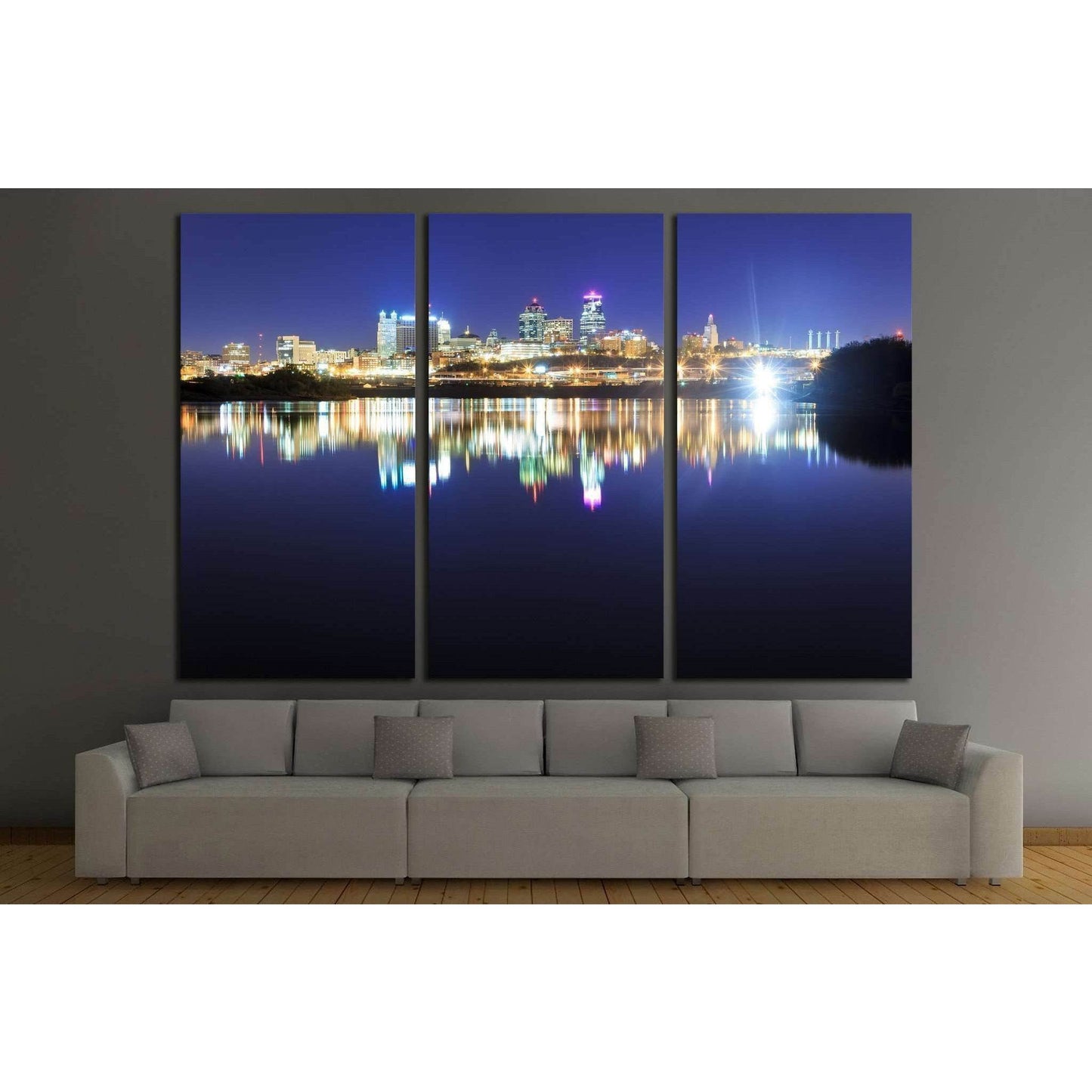 Kansas City over the Missouri River with reflections on the water №1776 Ready to Hang Canvas Print - Zellart Canvas Prints ALL_Products, s-1776