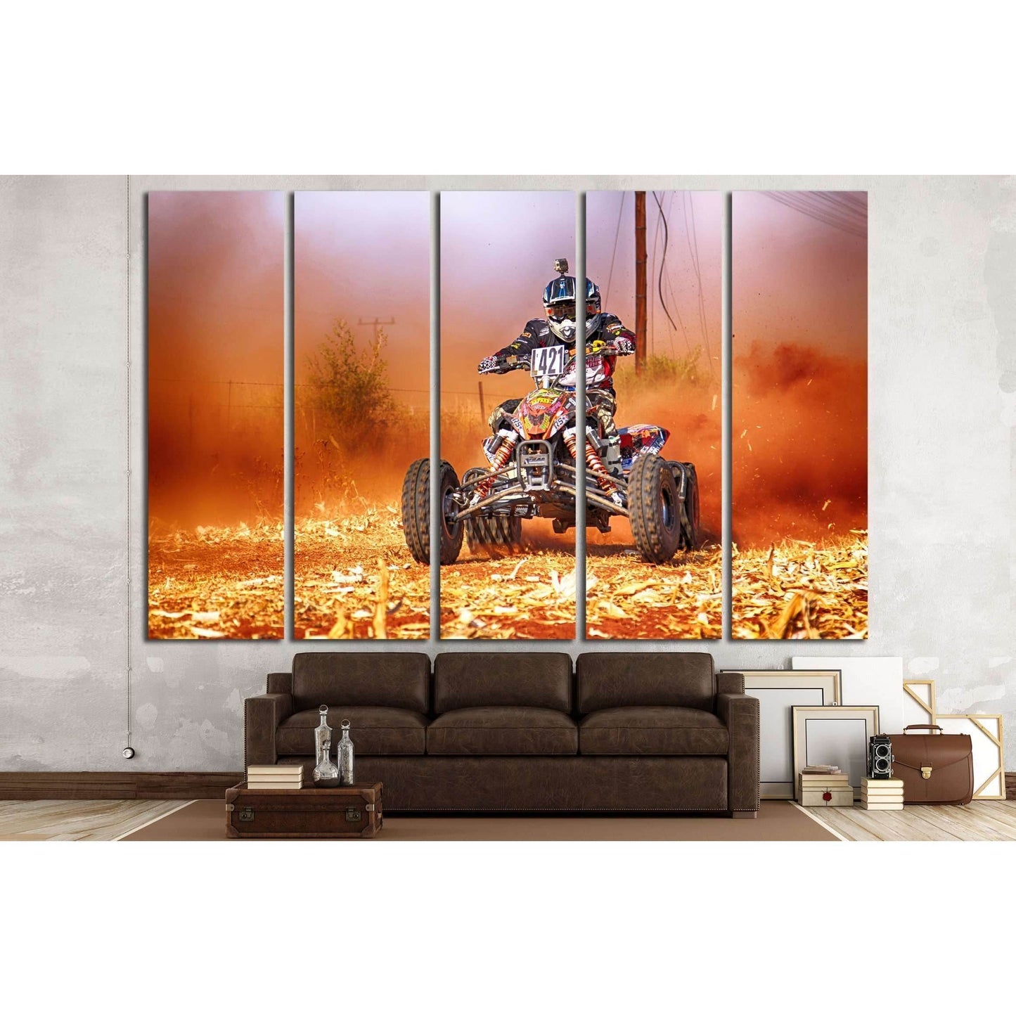 KOSTER, SOUTH AFRICA. Bike kicking up trail of dust on sand track during rally race. №2485 Ready to Hang Canvas Print - Zellart Canvas Prints ALL_Products, s-2485