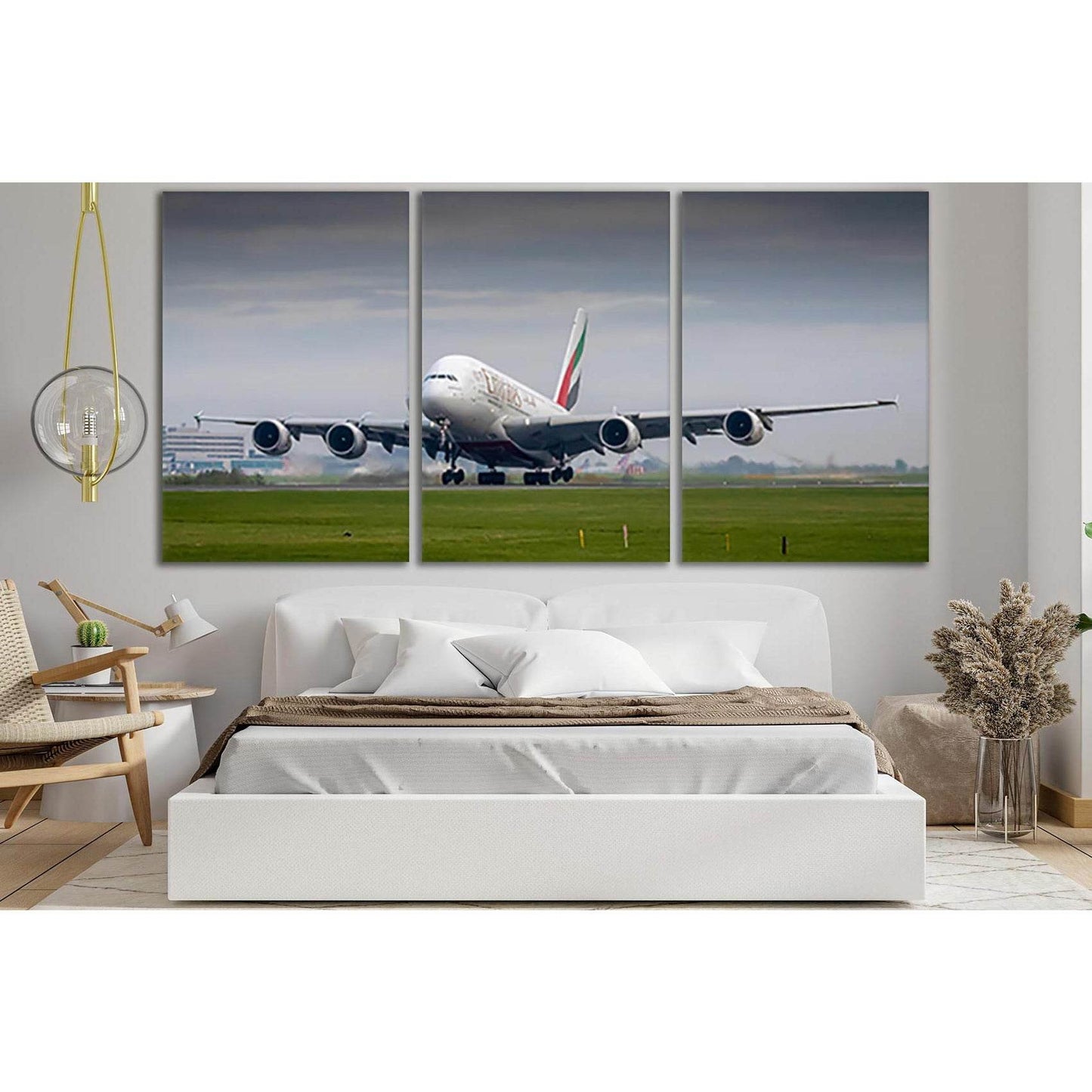 Landing A Large White Biplane №SL771 Ready to Hang Canvas Print - Zellart Canvas Prints 0new, ALL_Products, Engine, Engines Wall Art