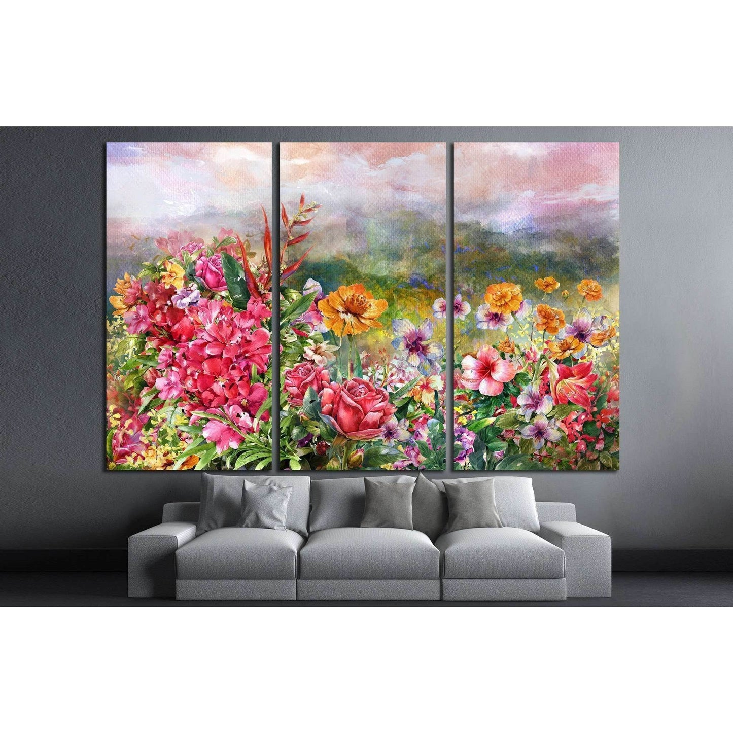 landscape of multicolored flowers watercolor painting №1351 Ready to Hang Canvas Print - Zellart Canvas Prints ALL_Products, s-1351