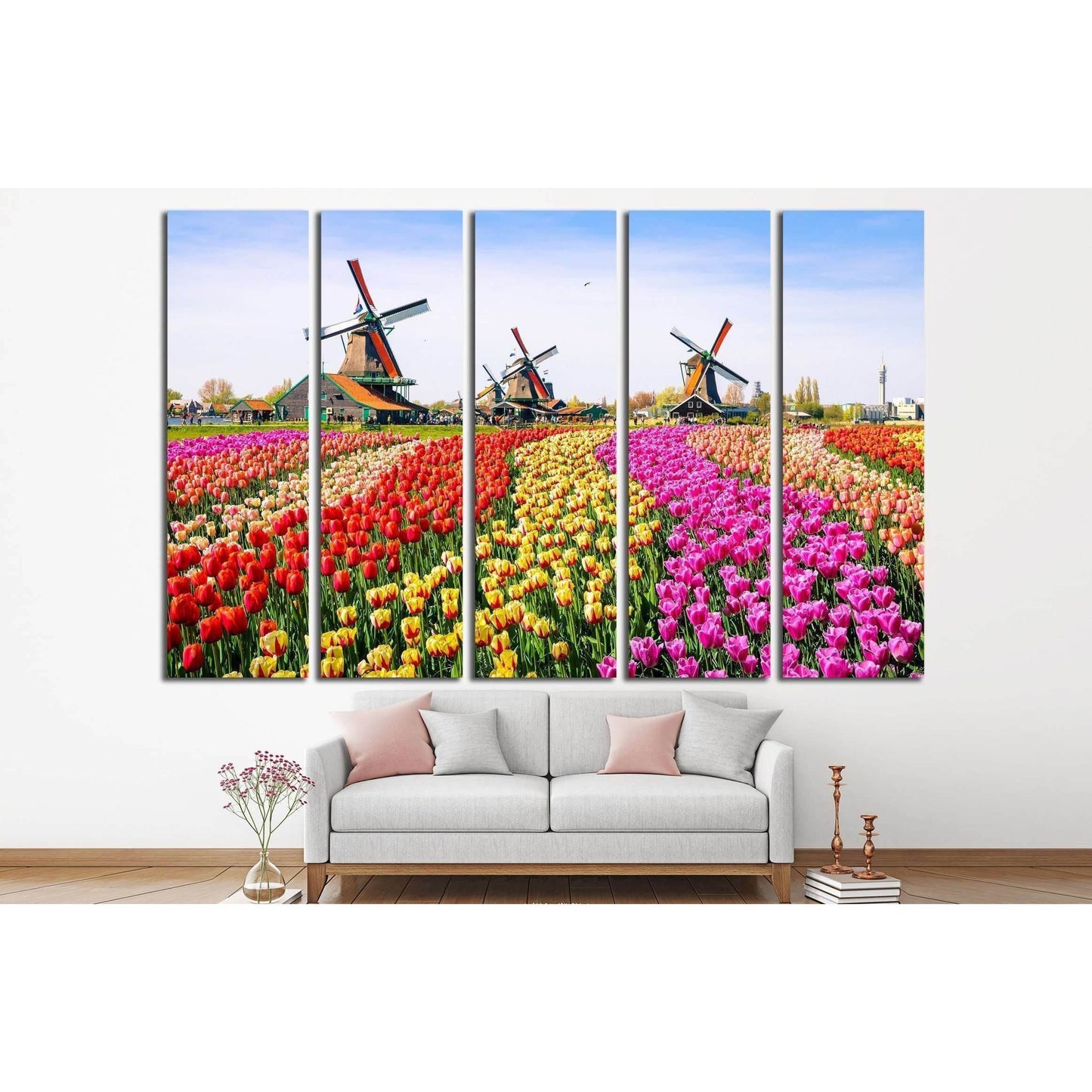 Landscape with tulips, traditional dutch windmills and houses near the canal in Zaanse Schans, Netherlands, Europe №2320 Ready to Hang Canvas Print - Zellart Canvas Prints 000Negative, ALL_Products, autopostr_pinterest_64952, s-2320