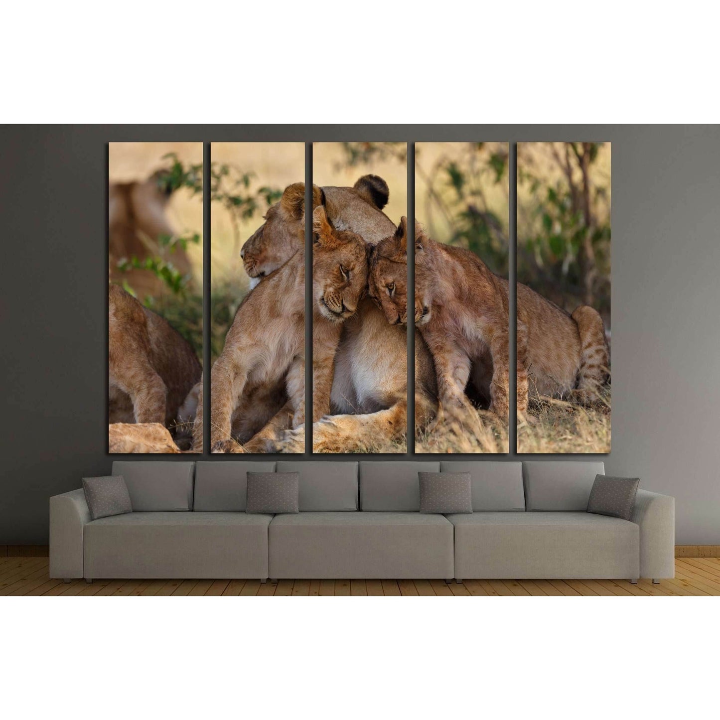 Lion cubs cuddle with mother after a good breakfast in Masai Mara, Kenya №2796 Ready to Hang Canvas Print - Zellart Canvas Prints ALL_Products, Lion, s-2796