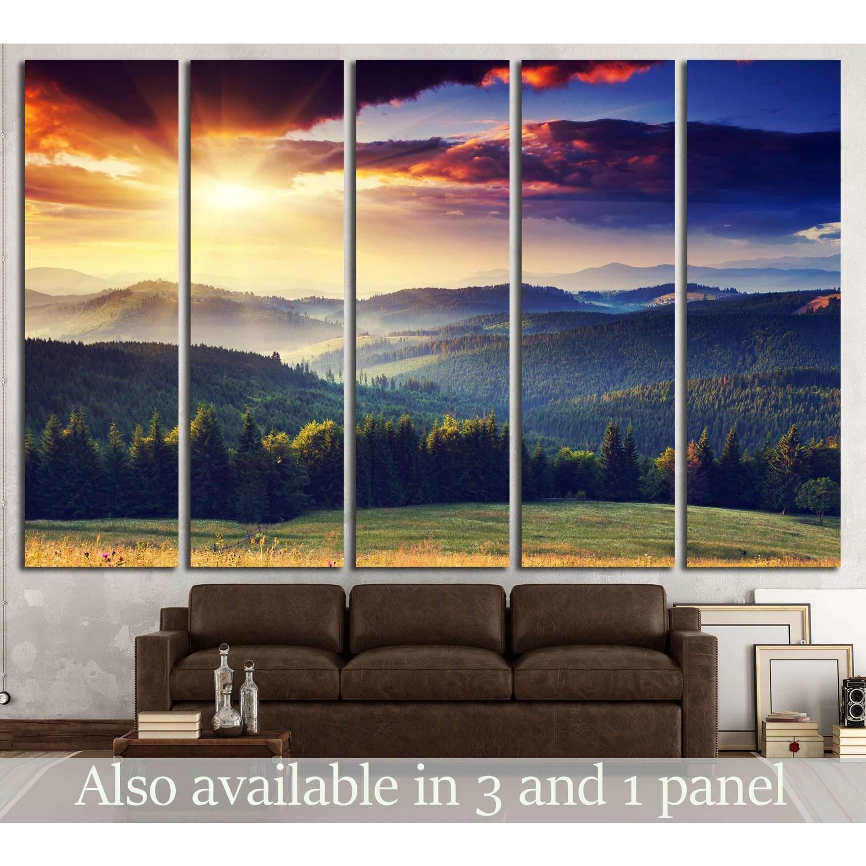 Sunrise Mountain Range Multi-Panel Canvas for Expansive Wall DecorThis multi-panel canvas print presents a breathtaking sunrise over a lush mountain range, segmented into a striking display that spans across each panel to create a continuous and expansive