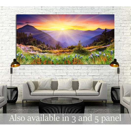 Golden Light Mountain Landscape Wall Art for Inspiring DecorThis canvas print features a breathtaking mountain sunrise, casting golden light over a wildflower meadow. The scene, rich in warm colors and peaceful energy, is perfect for creating a relaxing a