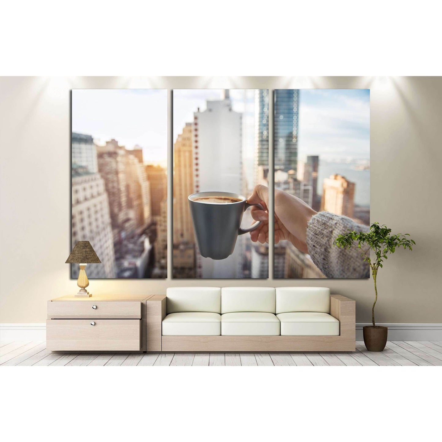 Man holding coffee cup in luxury penthouse apartments with view to New York City Manhattan №2996 Ready to Hang Canvas Print - Zellart Canvas Prints 0_NY_ART, ALL_Products, s-2996