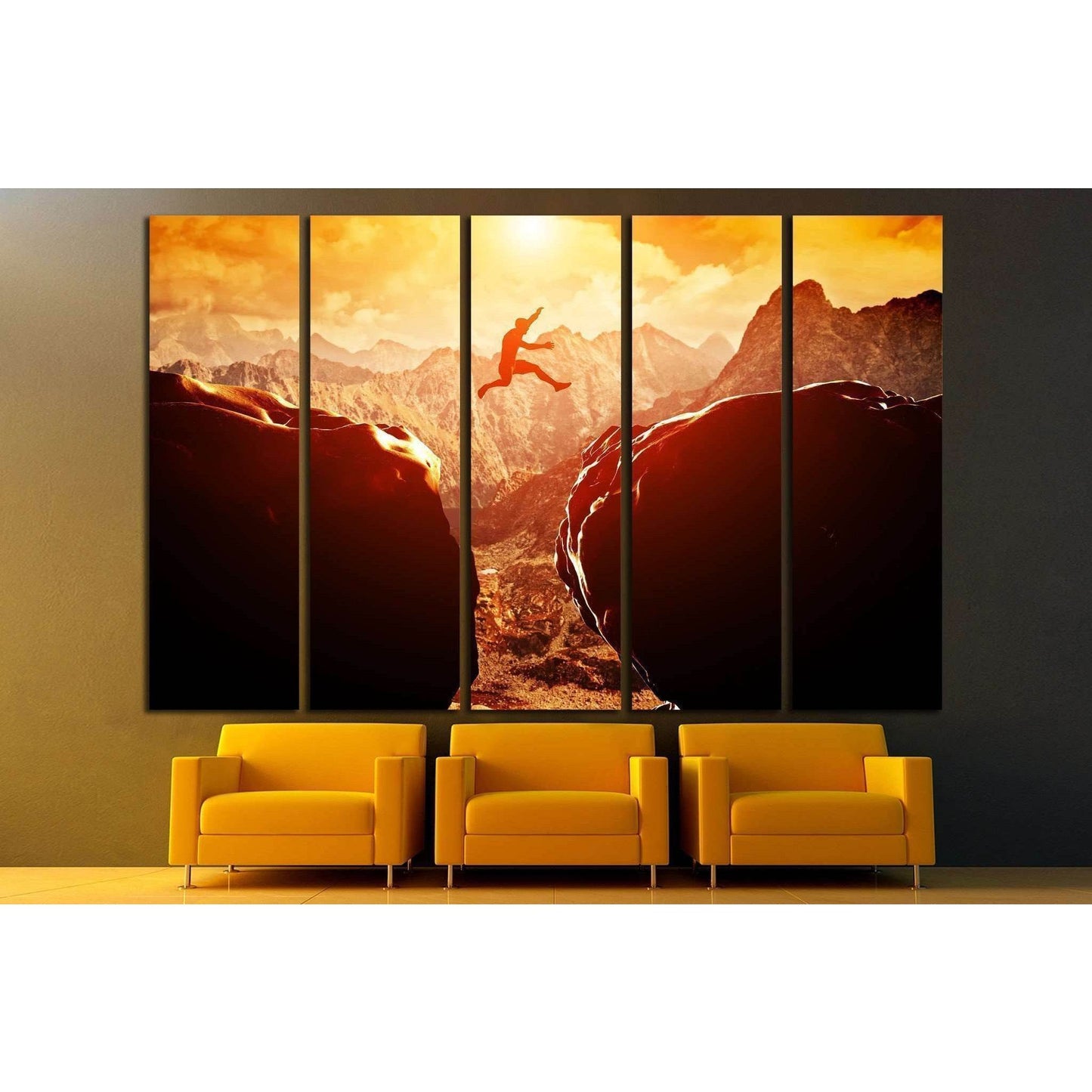 Man jumping over precipice between two rocky mountains №1373 Ready to Hang Canvas Print - Zellart Canvas Prints ALL_Products, s-1373