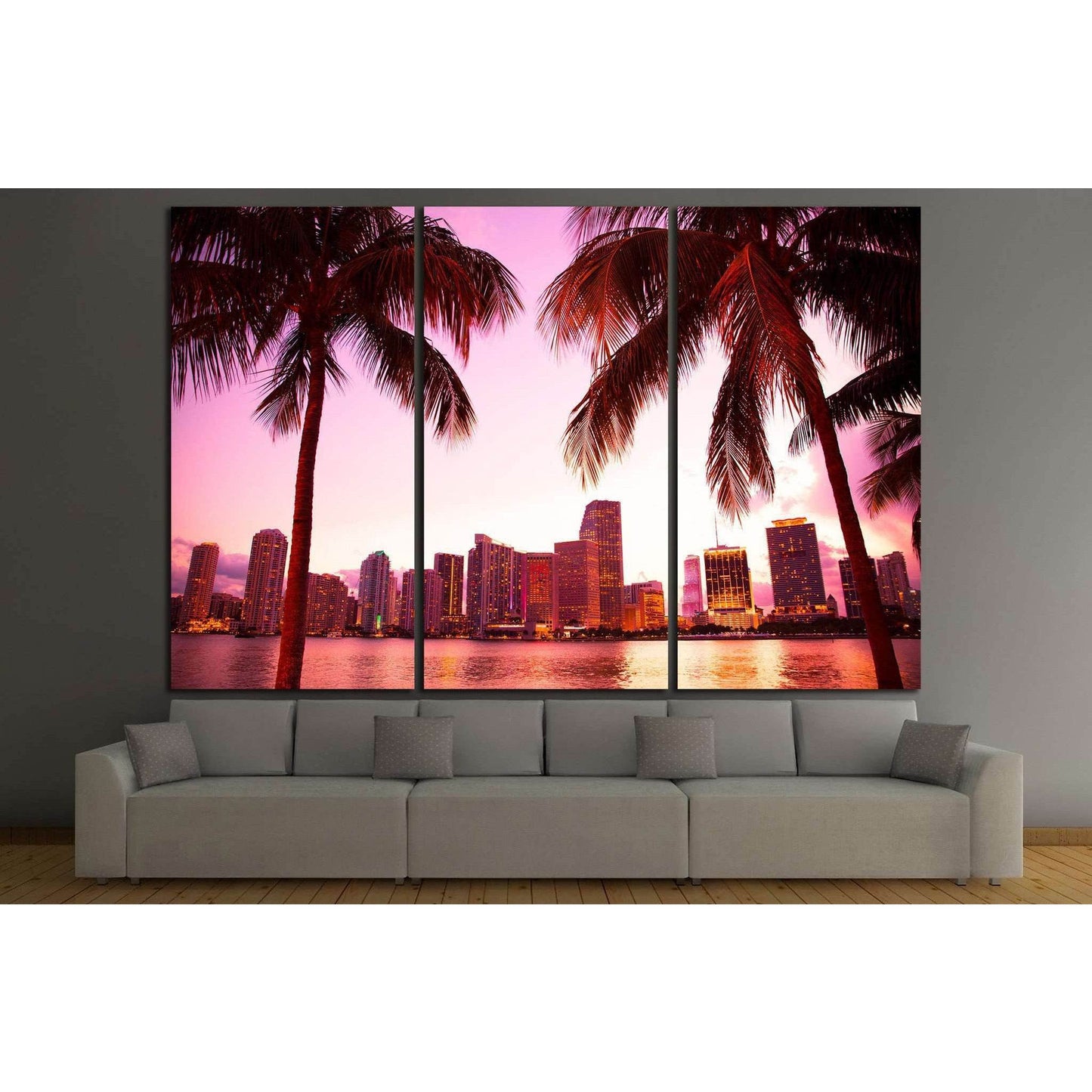 Miami Florida skyline and two palm trees №1266 Ready to Hang Canvas Print - Zellart Canvas Prints ALL_Products, s-1266