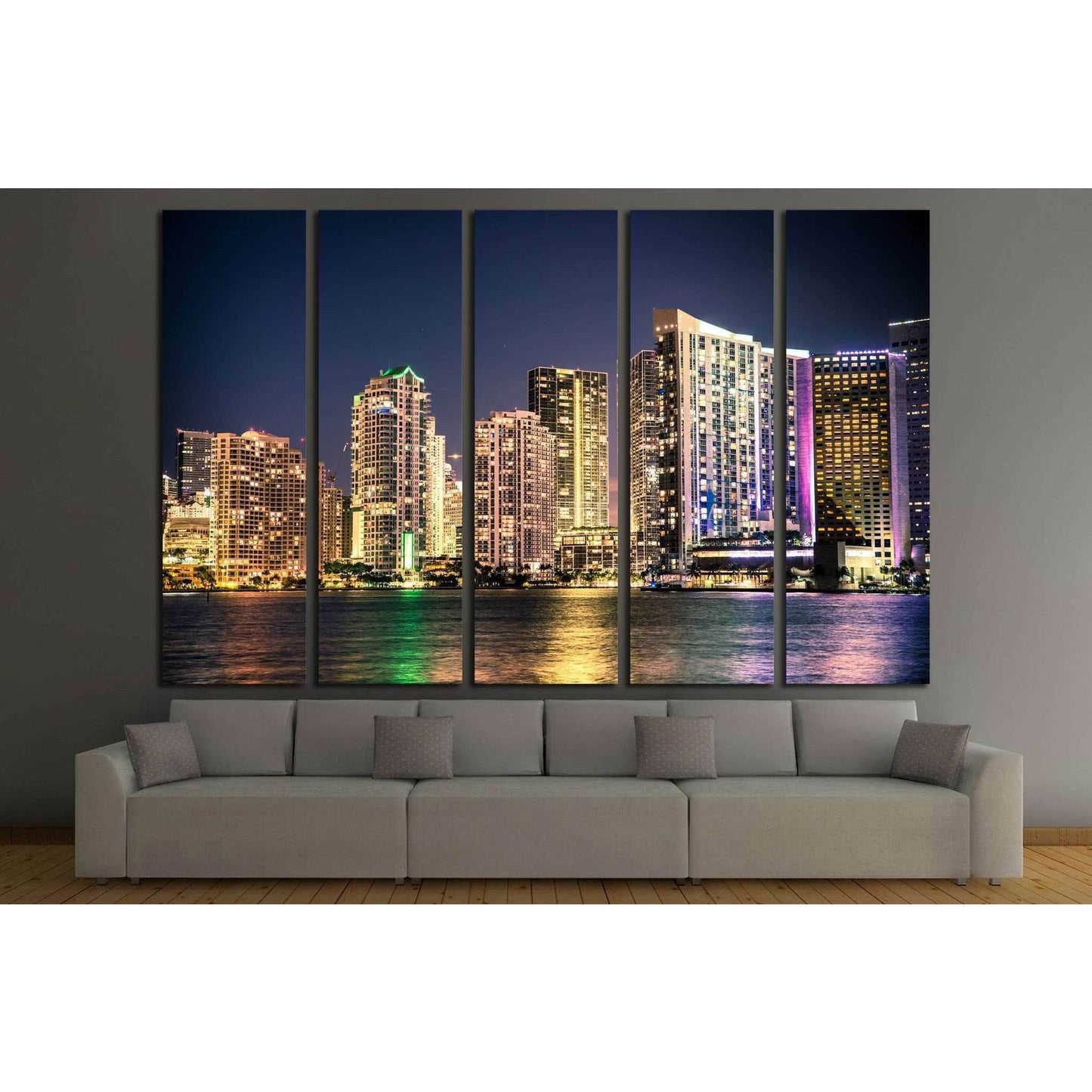Miami Florida skyline with lights №1264 Ready to Hang Canvas Print - Zellart Canvas Prints ALL_Products, s-1264