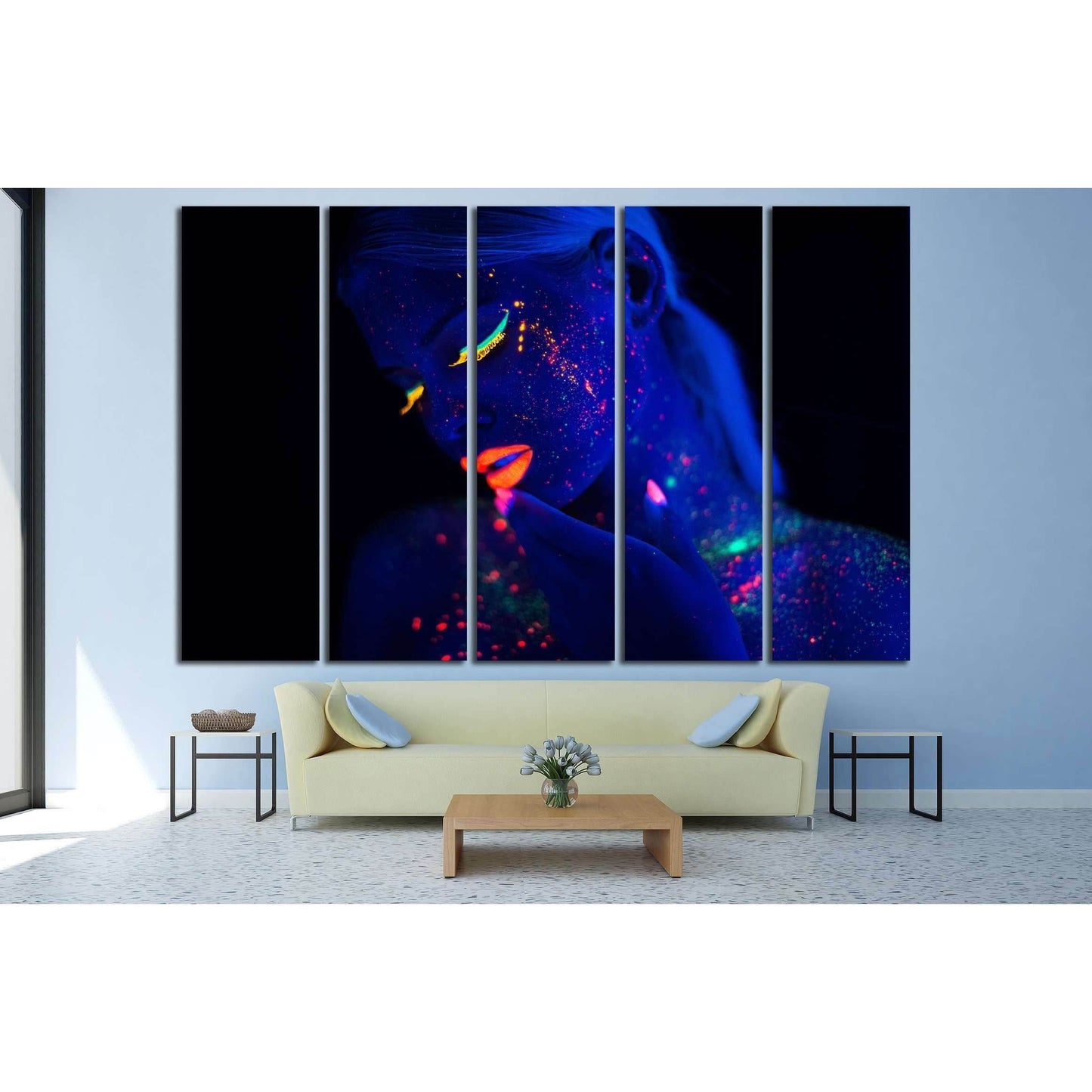 Model Girl with Fluorescent Creative Psychedelic MakeUp, Art Design №2782 Ready to Hang Canvas Print - Zellart Canvas Prints ALL_Products, s-2782