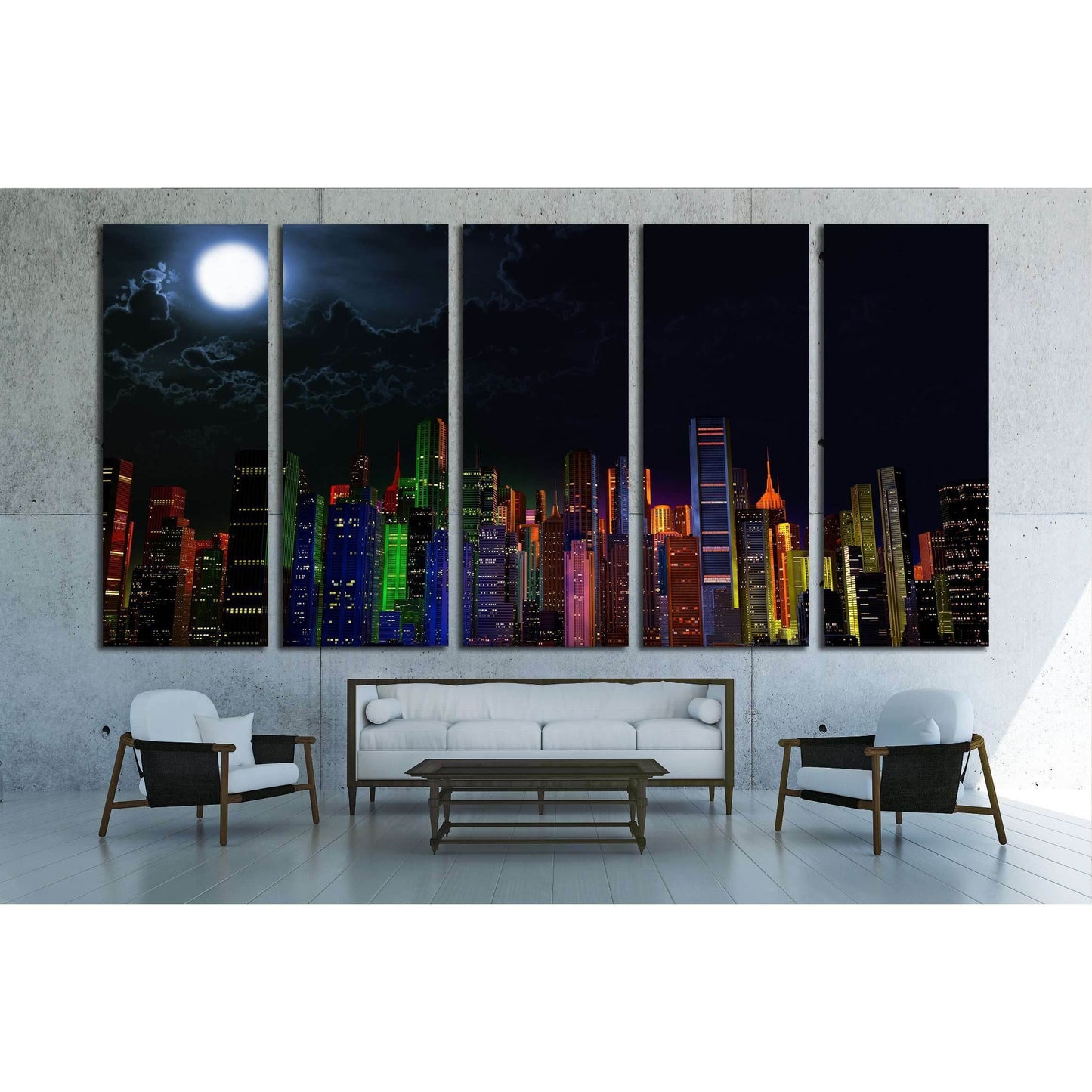 Modern City Lit by Colorful Light Effects at Night 3D Illustration №2994 Ready to Hang Canvas Print - Zellart Canvas Prints ALL_Products, s-2994