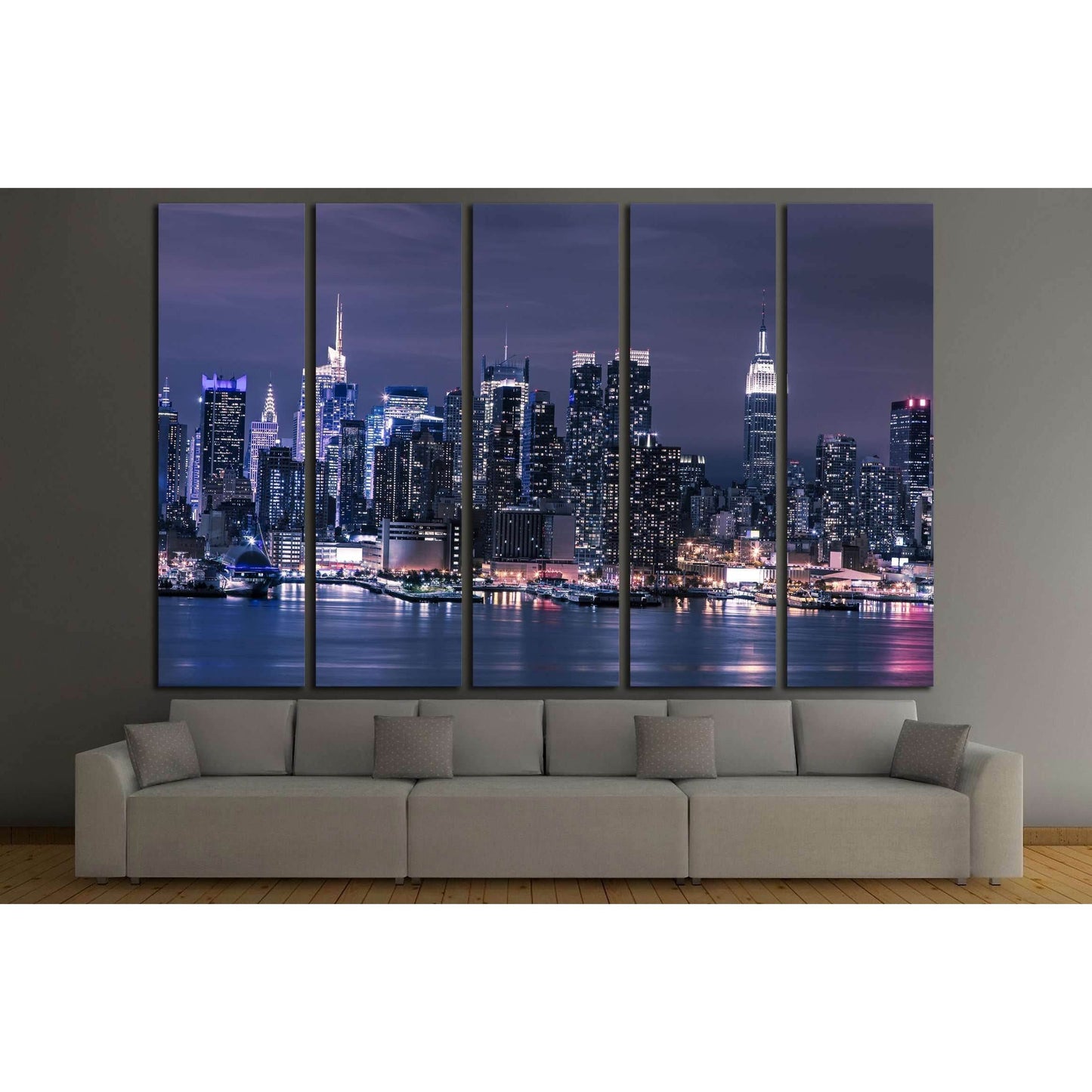New York City Manhattan skyline panorama at night over Hudson River №2622 Ready to Hang Canvas Print - Zellart Canvas Prints 0_NY_ART, ALL_Products, s-2622