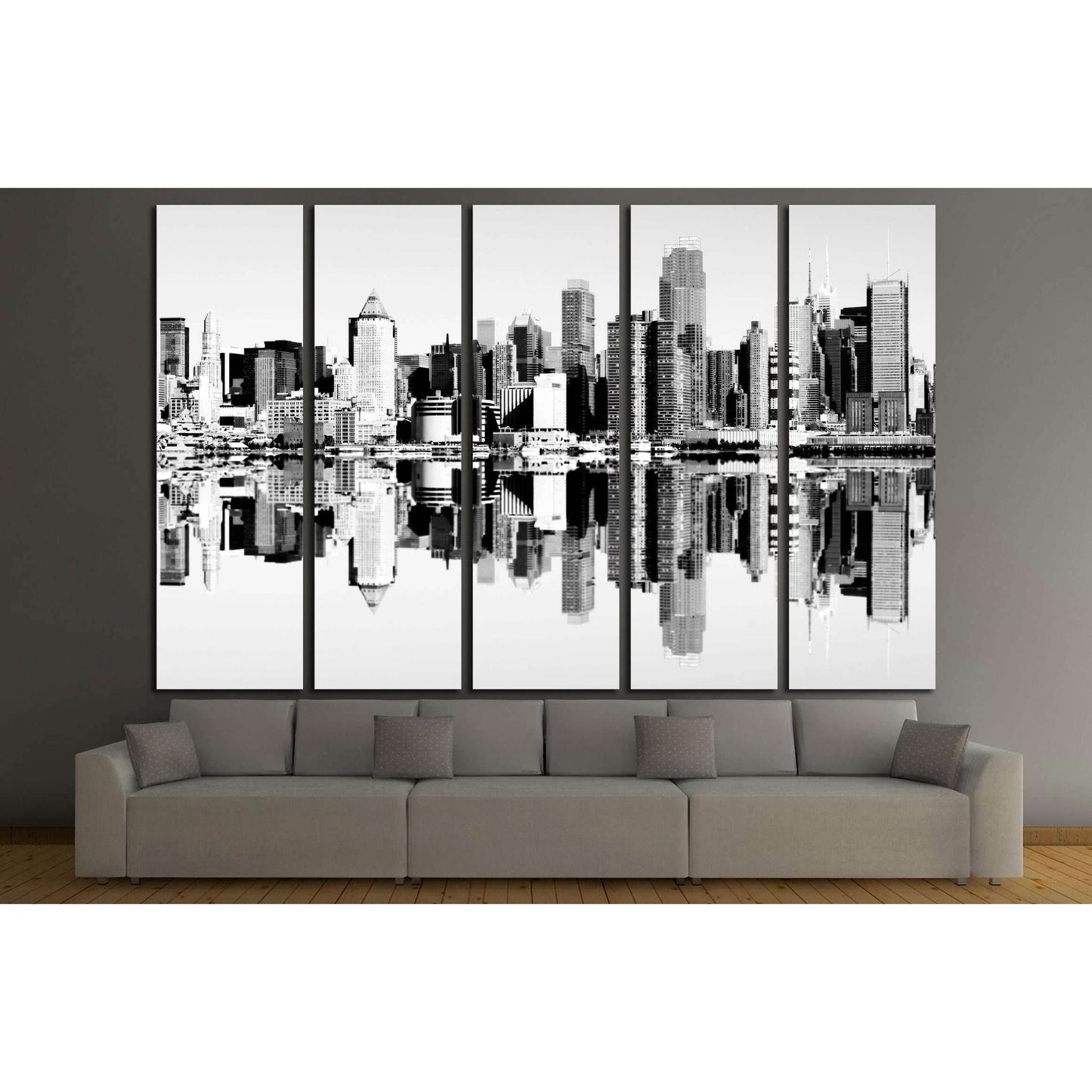 new york city skyline over the hudson river. black and white skyline mirror reflection №2586 Ready to Hang Canvas Print - Zellart Canvas Prints 0_NY_ART, ALL_Products, s-2586