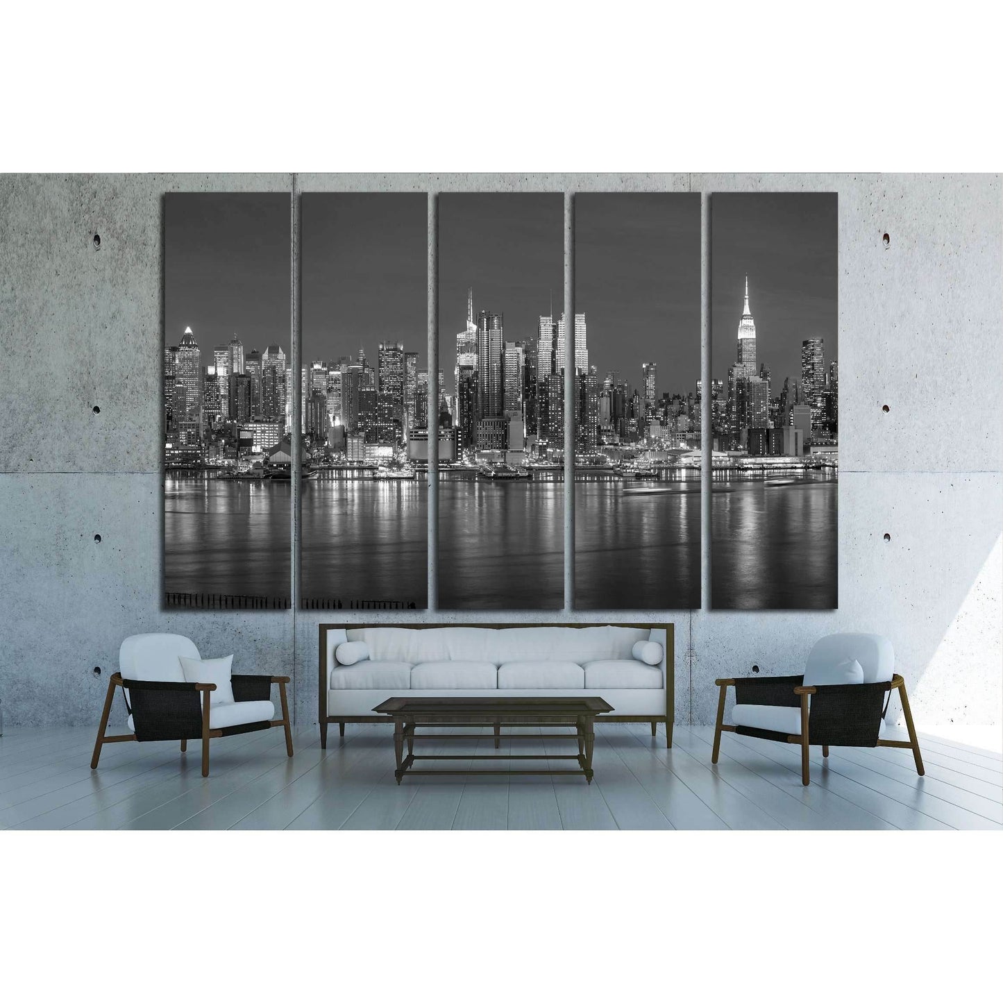 New York City with skyscrapers illuminated over Hudson River panorama in black and white №2660 Ready to Hang Canvas Print - Zellart Canvas Prints 0_NY_ART, ALL_Products, s-2660