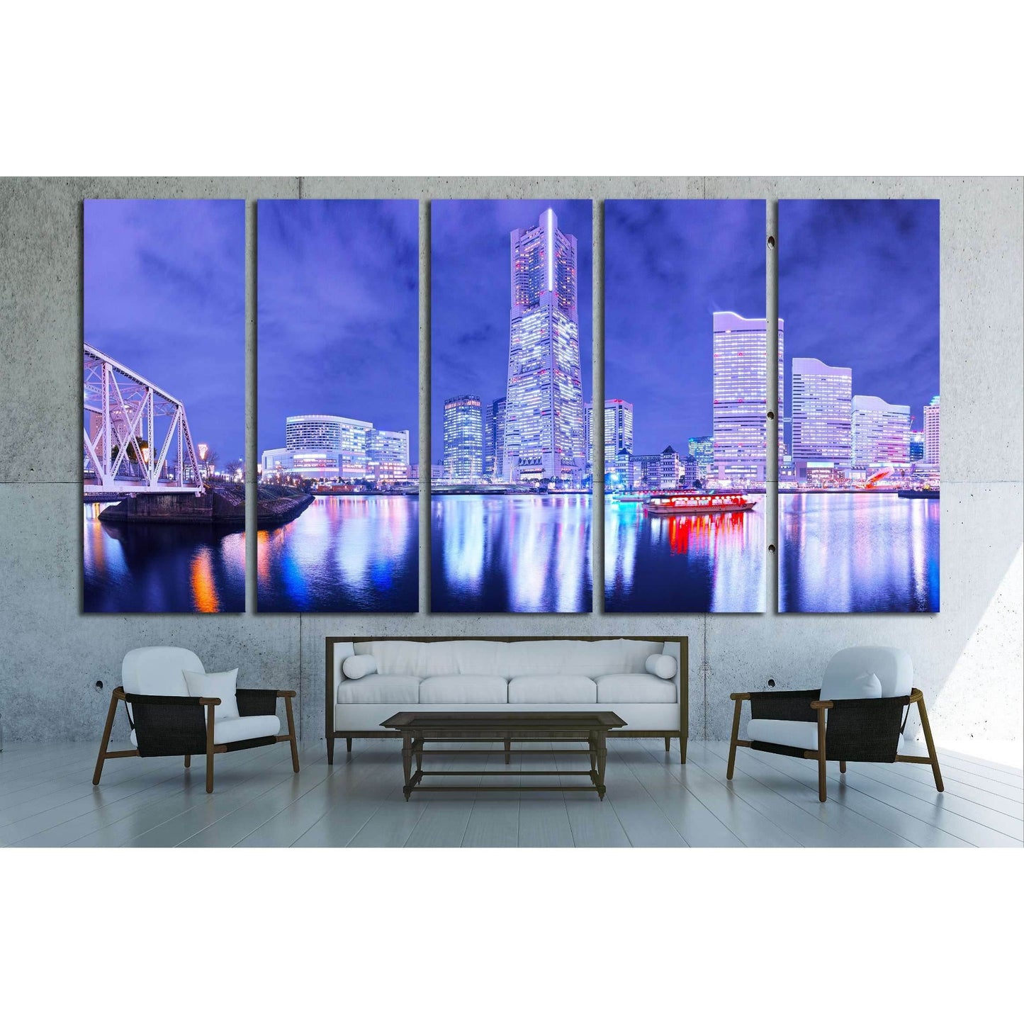 Night view of Yokohama №2939 Ready to Hang Canvas Print - Zellart Canvas Prints ALL_Products, s-2939