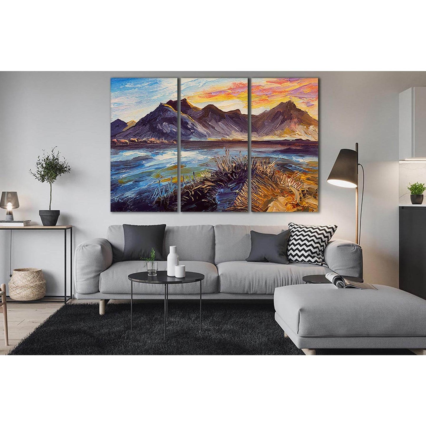 Oil Painting Pink Sunset Sea And Mountains №SL599 Ready to Hang Canvas Print - Zellart Canvas Prints 0new, ALL_Products, Oil Painting Wall Art