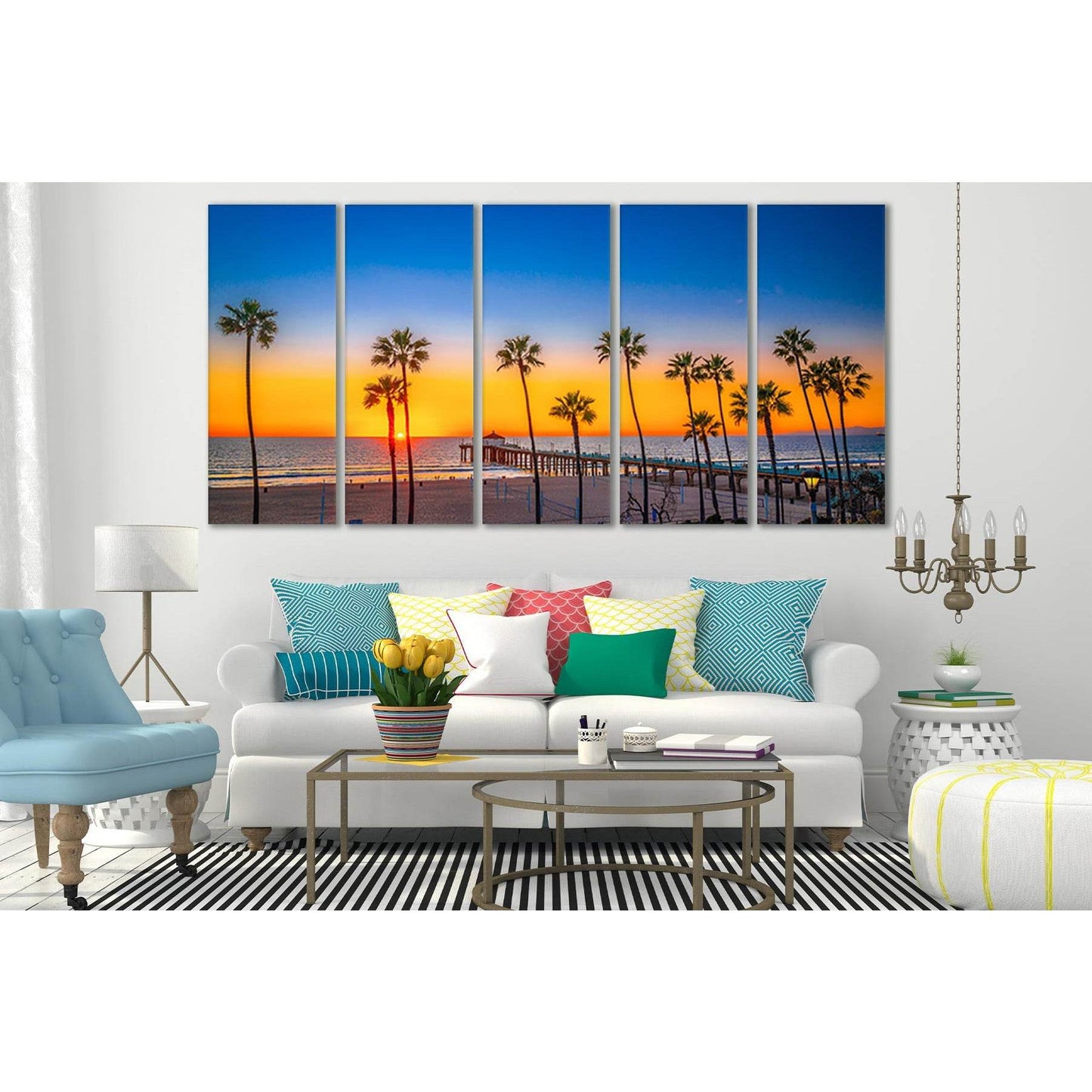 Palms Ocean Sunset Pier №SL210 Ready to Hang Canvas Print - Zellart Canvas Prints 0new, ALL_Products, Beach Ocean & Waves, SUNRISE & SUNSET WALL ART