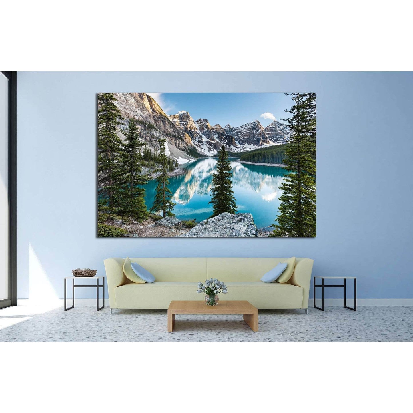 Banff National Park Moraine Lake Canvas Print for Modern Office DecorThis canvas print displays the serene beauty of Moraine Lake in Banff National Park, Canada. The tranquil turquoise waters, set against the backdrop of the majestic Rocky Mountains and l