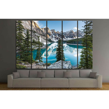 Banff National Park Moraine Lake Canvas Print for Modern Office DecorThis canvas print displays the serene beauty of Moraine Lake in Banff National Park, Canada. The tranquil turquoise waters, set against the backdrop of the majestic Rocky Mountains and l